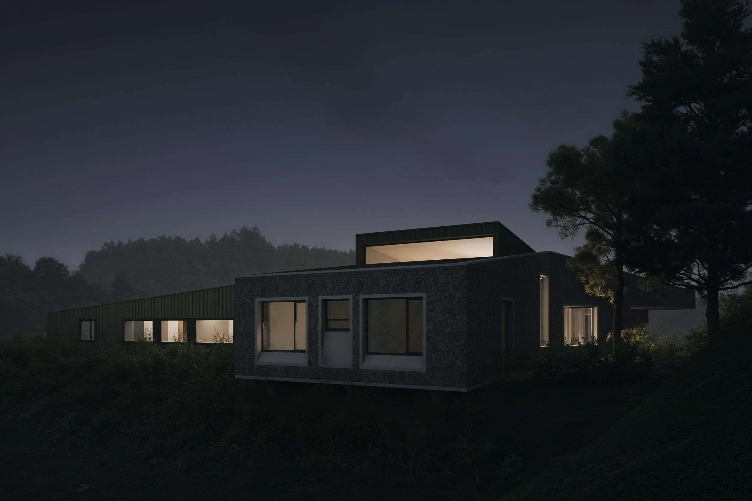 Casa moderna en medio de la vegetación, por la noche con luces prendidas. TOLEDO ESTUDIO DE ARQUITECTURA.