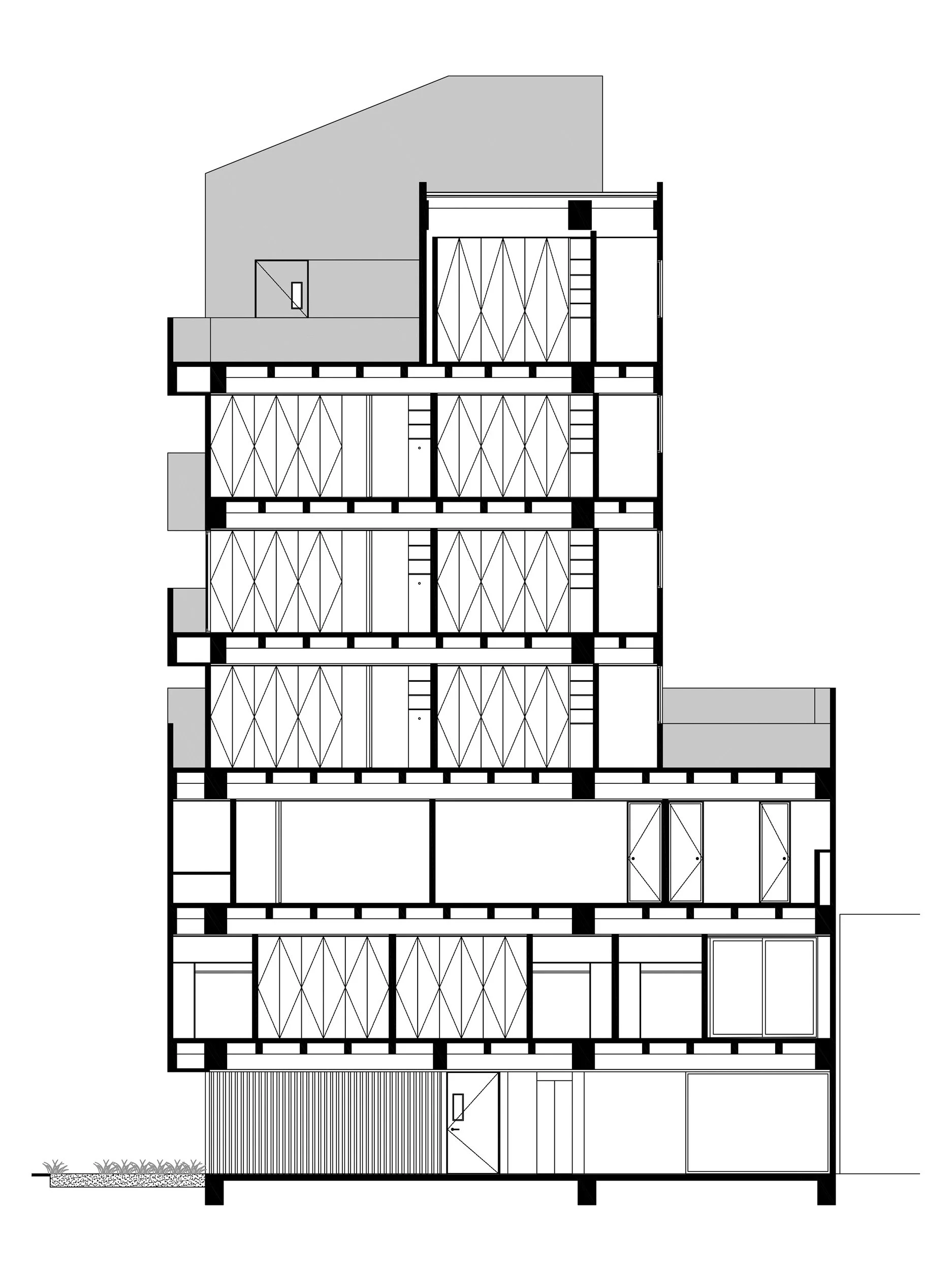 Sección transversal de Liv37, un edificio de apartamentos en Cali, Colombia. En el corte aparecen los múltiples pisos de la torre y sus terrazas.