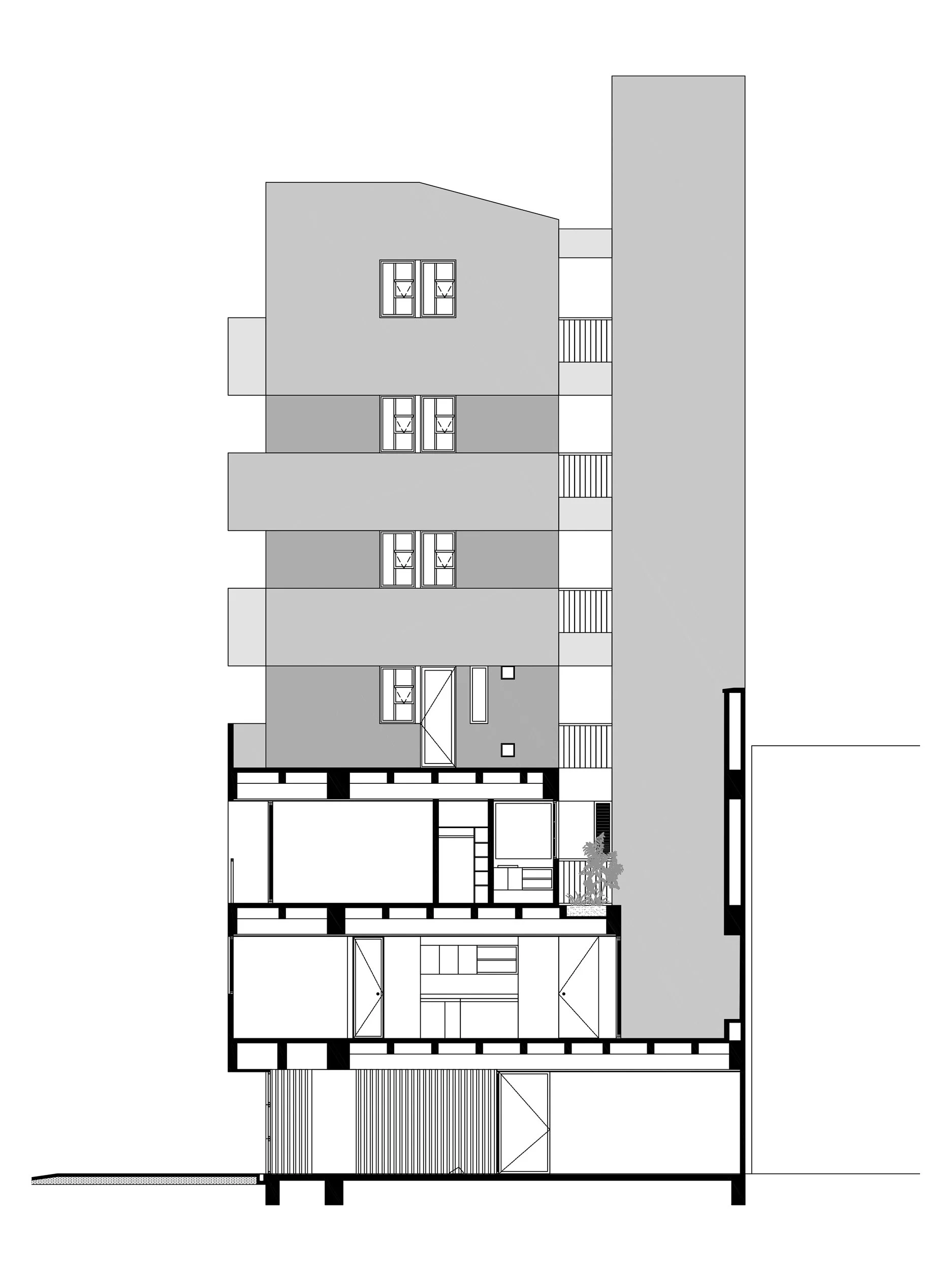 Sección del basamento de Liv37, una torre residencial de 7 pisos en la ciudad de Cali, diseñada por TOLEDO Estudio de Arquitectura.