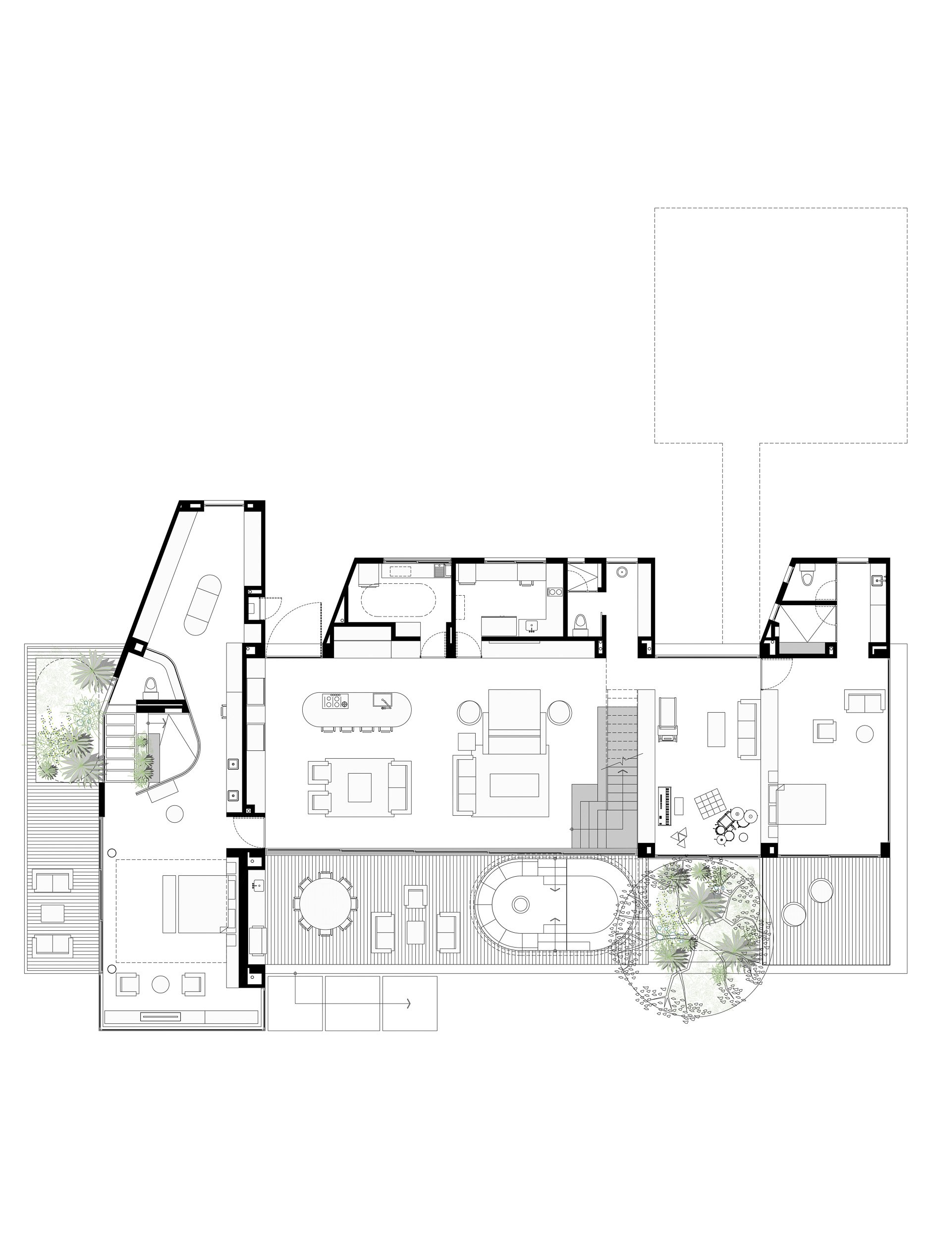 Planta de Casa BOMO sonde aparecen las alcobas en los extremos y la zona social en el centro, con servicios y una terraza frontal. Arquitectura contemporánea por TOLEDO Estudio de Arquitectura.