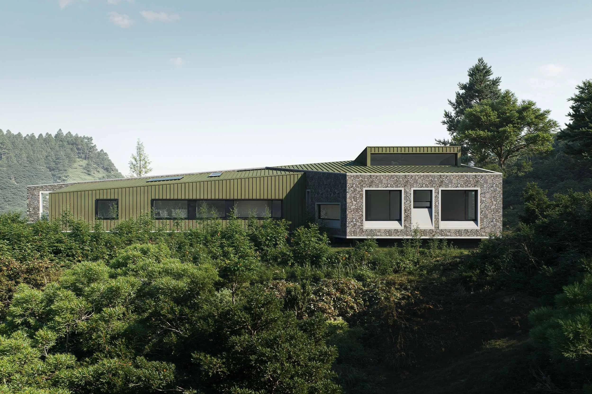 Fachada moderna construida en piedra y metal en lote con mucha vegetación en el Oriente Antioqueño. Arquitectura a cargo de TOLEDO ESTUDIO DE ARQUITECTURA.
