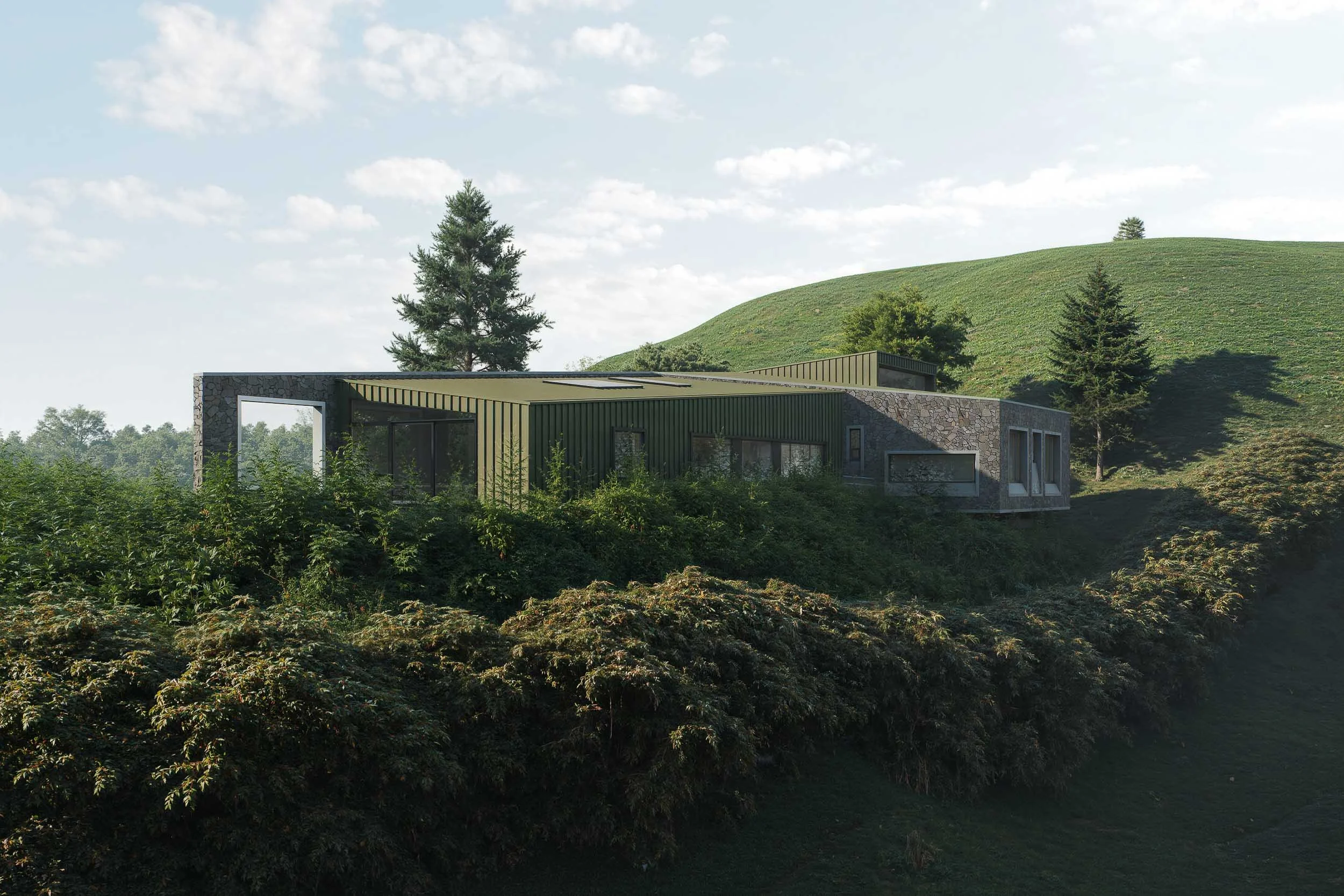 Casa moderna diseñada por TOLEDO ESTUDIO DE ARQUITECTURA bajo el cielo despejado, rodeada de vegetación.