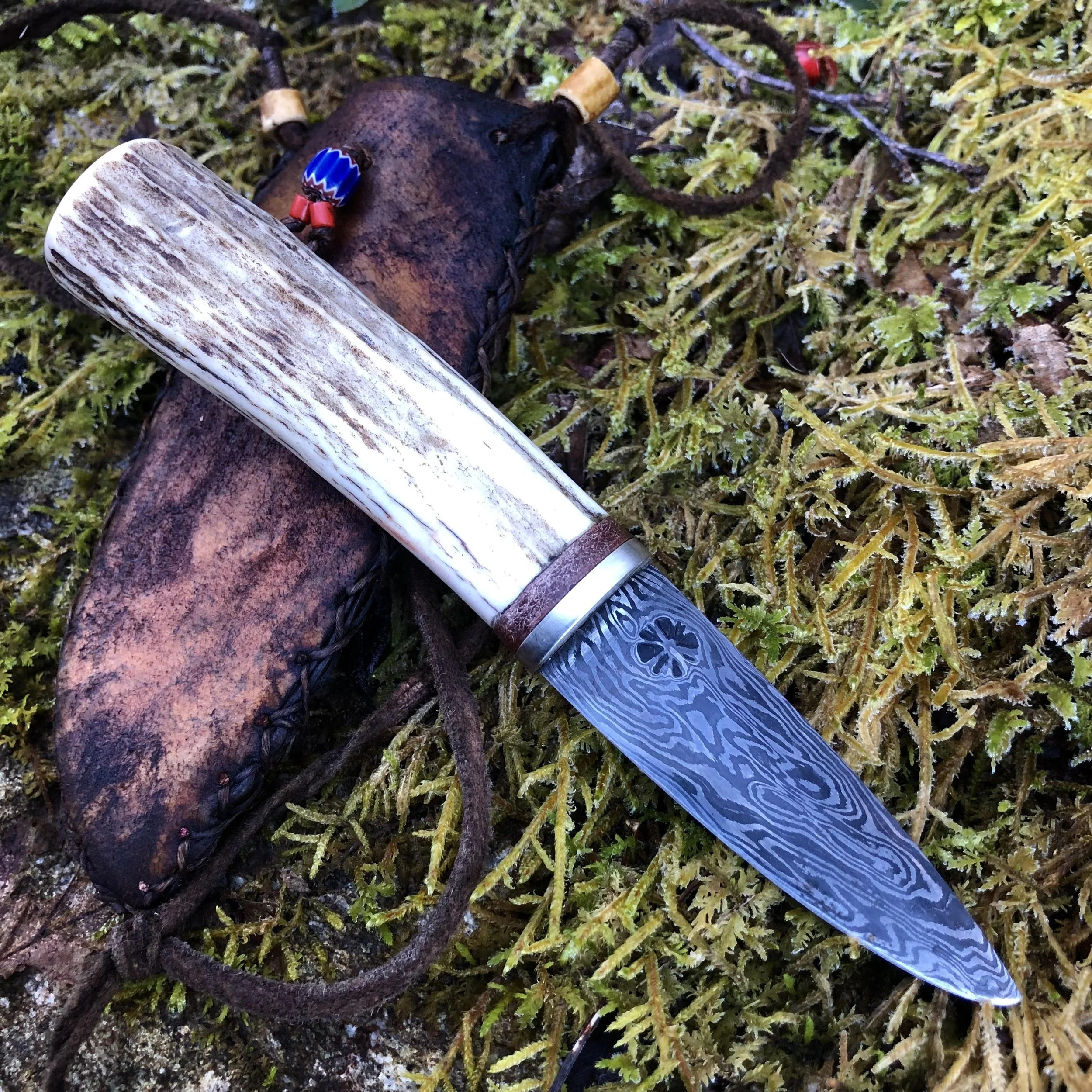 Damascus Neck Knife w/ rawhide sheath — Shira