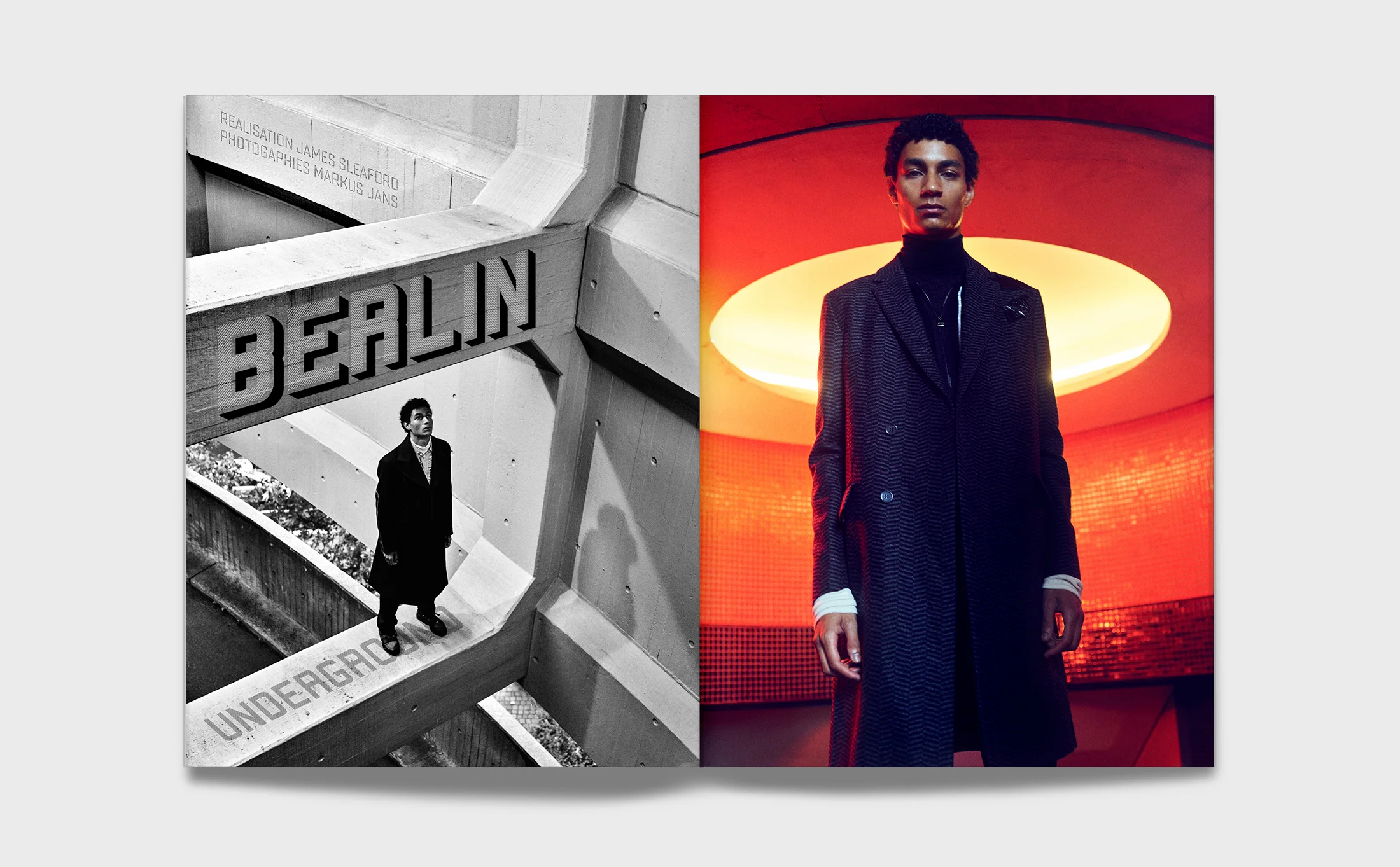 trenchcoats and a touch of brutalism in the berlin underground. styling james sleaford. photography markus jans