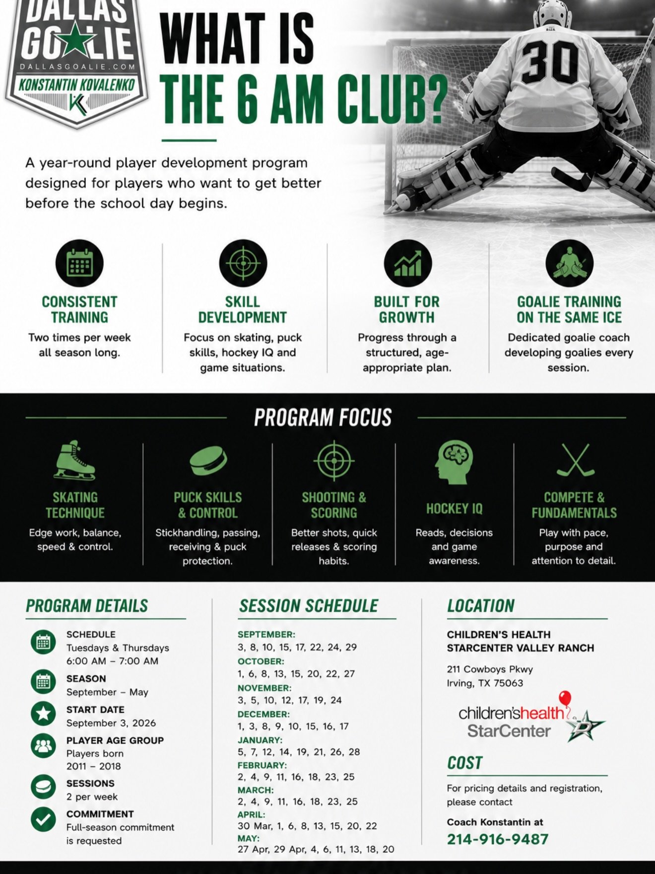 🥅 THE 6 AM CLUB IS BACK.
The goalies who want to separate themselves from the competition don&rsquo;t wait until game day to get better.
They put in the work when nobody else is watching.
The 6 AM Club is a high-level, 9-month goalie development pro