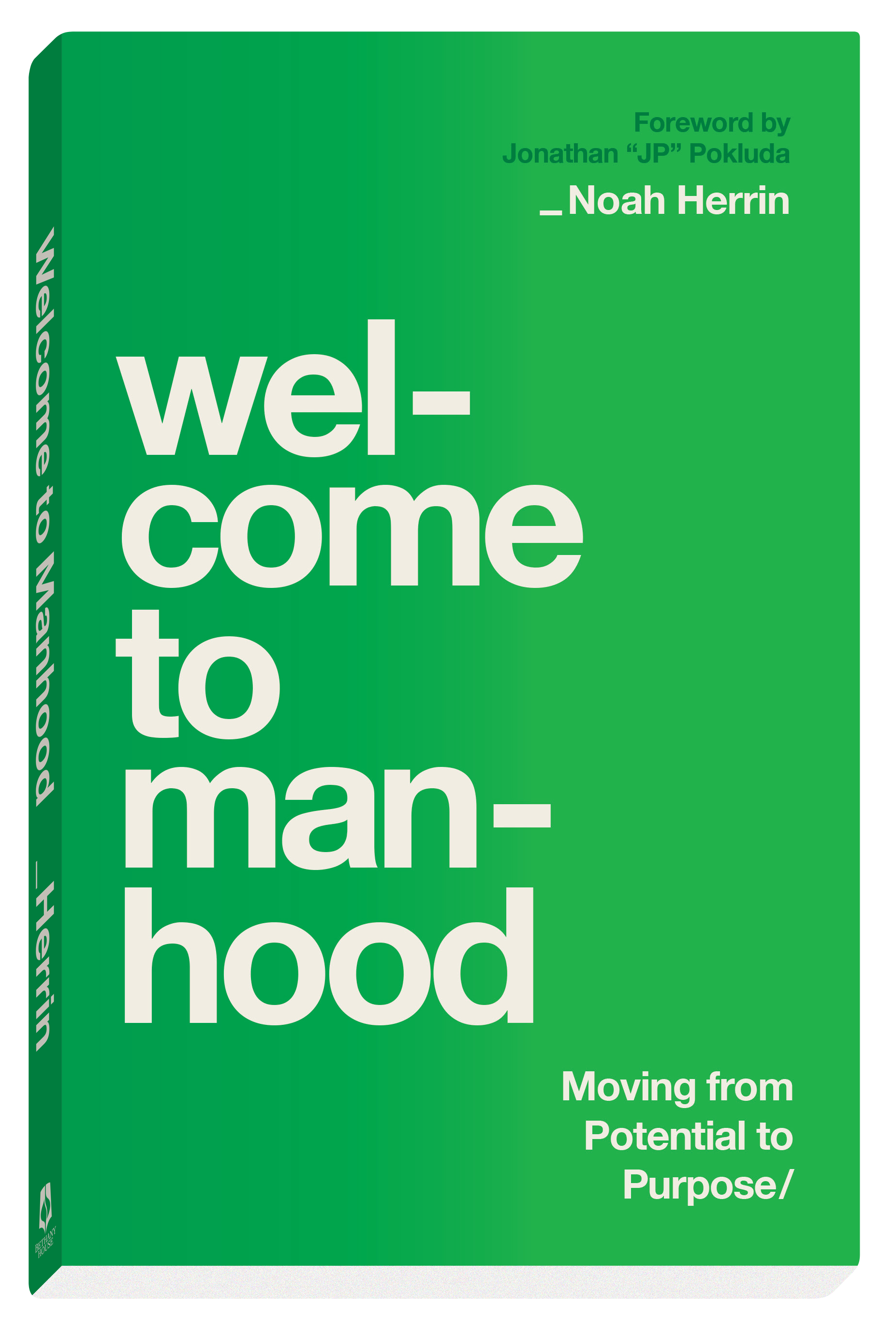 Book titled 'Welcome to Manhood' by Noah Herrin with a green cover and white text.