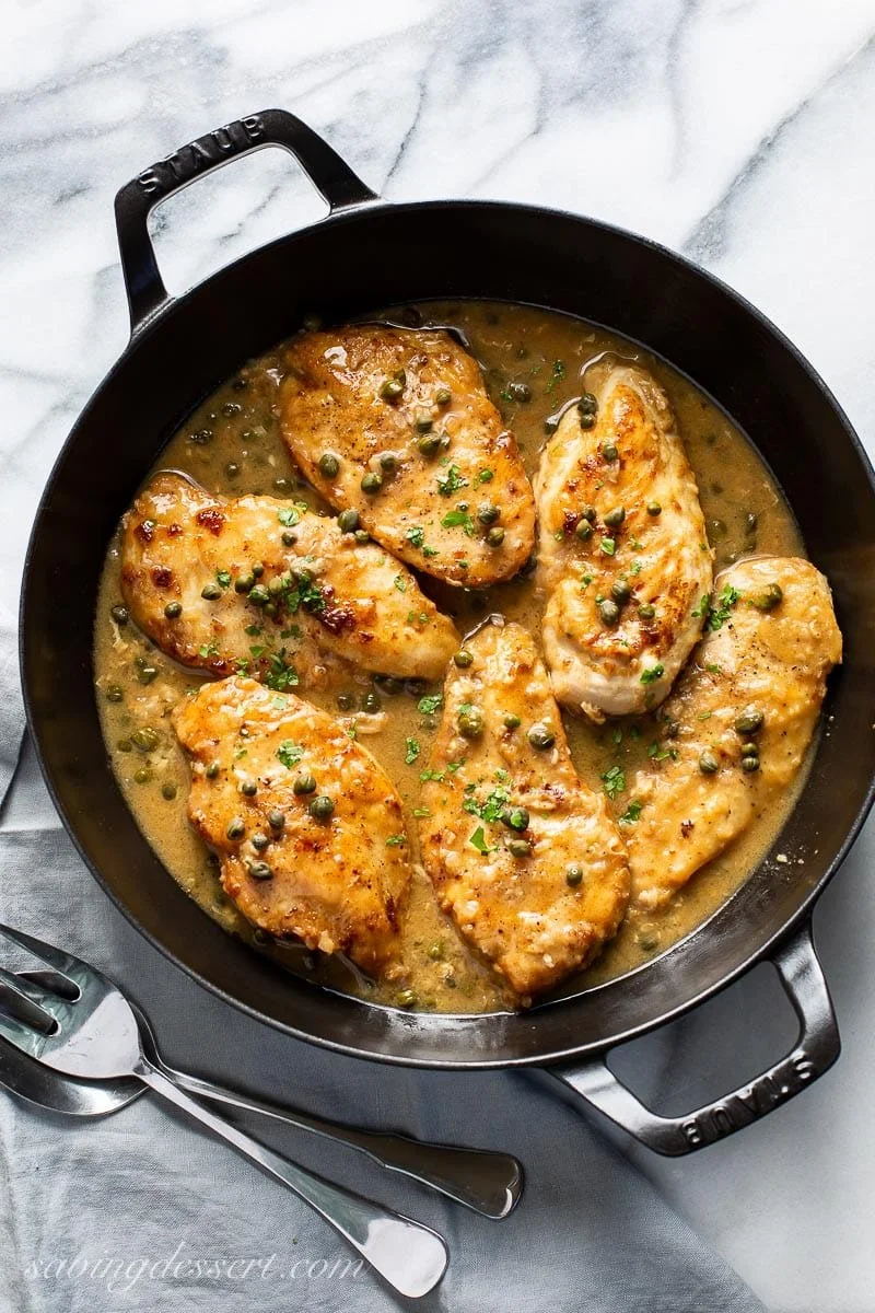 Chicken Piccata over Crispy Smashed Potatoes with Herbed Green Beans (Paleo, GF, DF)