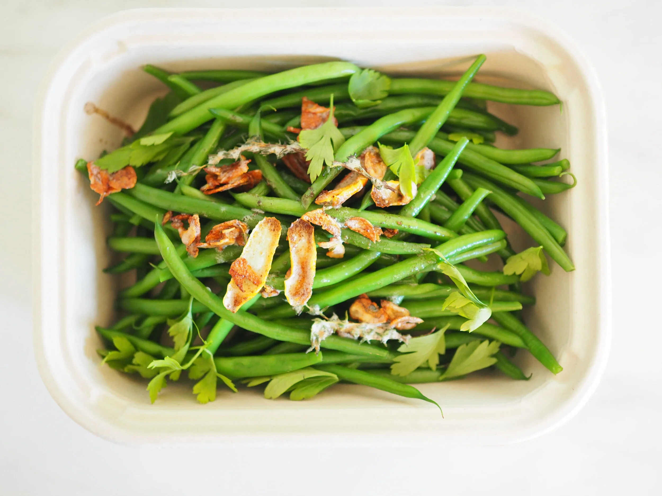 Green Beans in Orange-Thyme Brown Butter with Garlic Chips