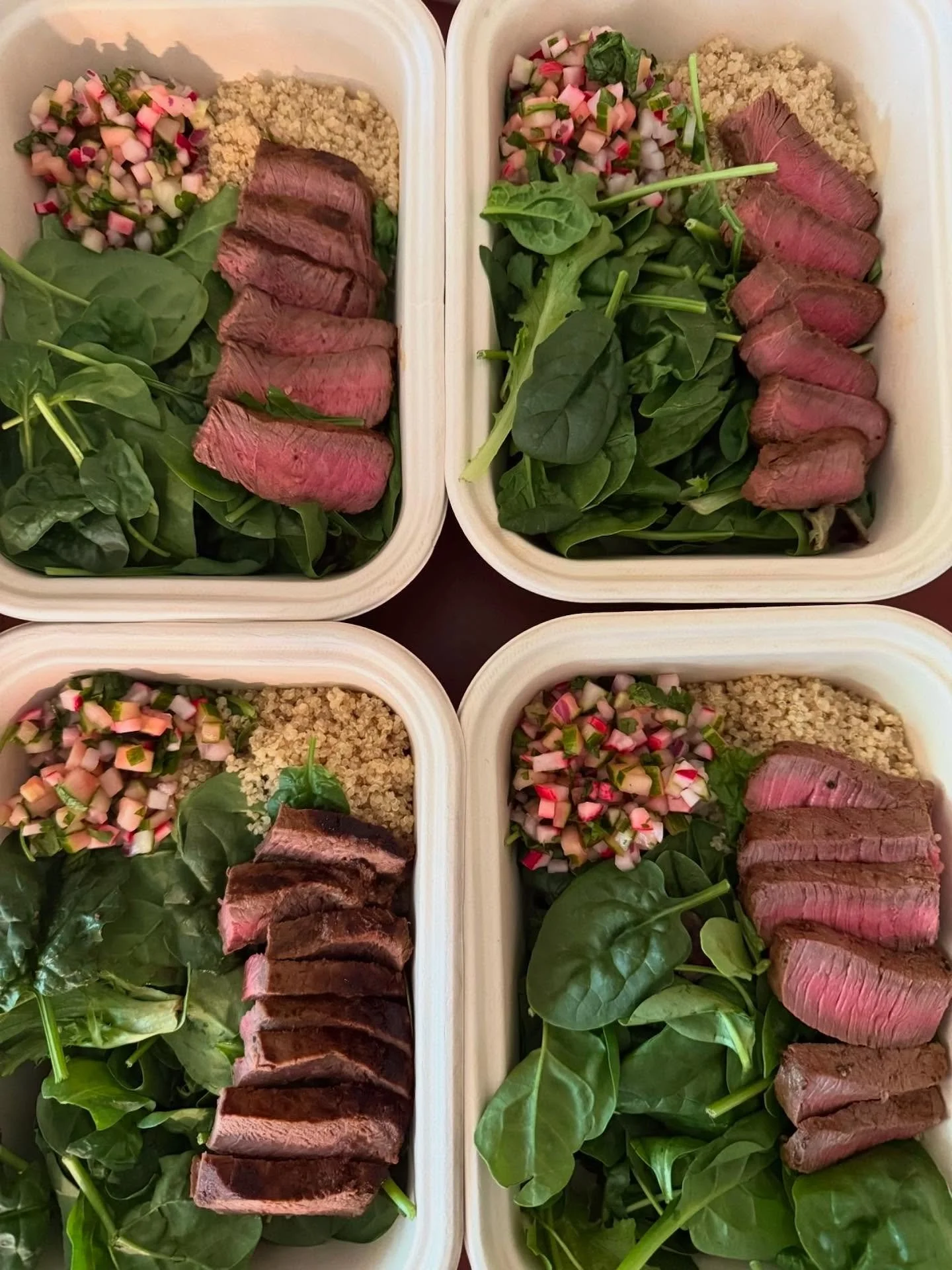 Lunch is delivered: 
Carne Asada Quinoa Bowls with Radish Pico de Gallo and Avocado Crema.