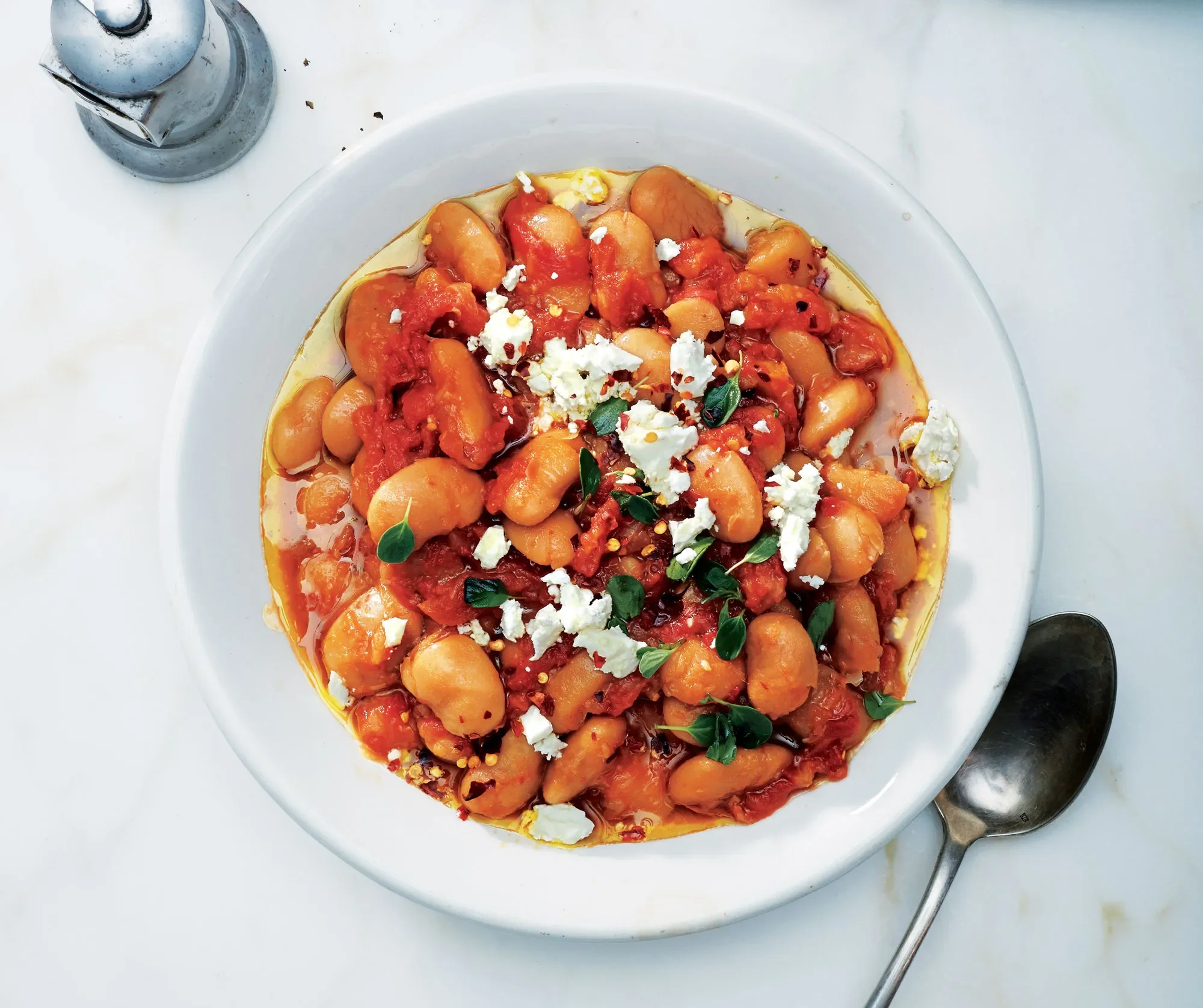 Tomato and White Wine Braised Gigante Beans over Creamy Polenta with Asparagus (GF)
