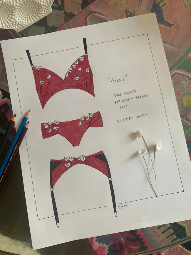 Alternate view of Anais, along with the metal beading components that inspired the design. MEDIA: Colored pencil, ink.