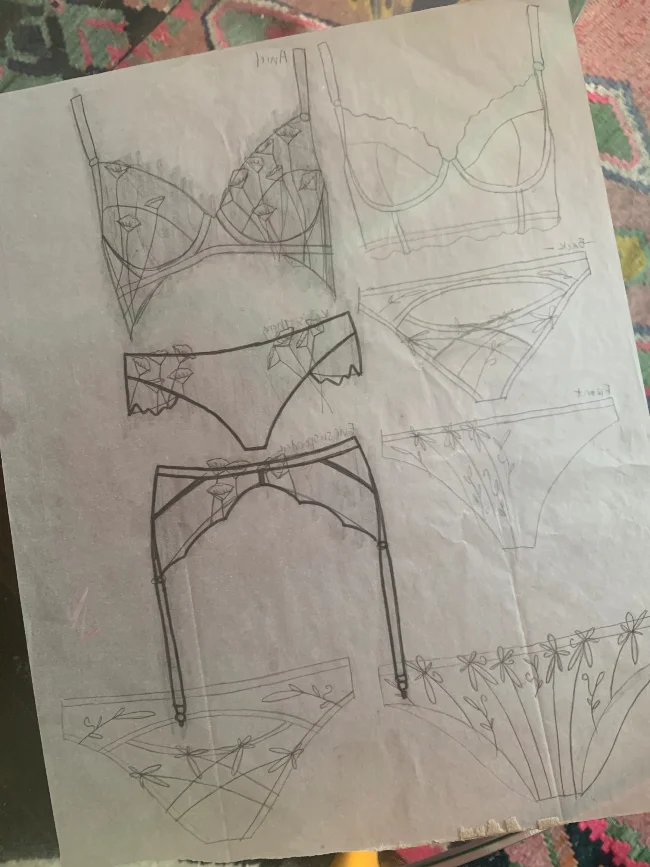 Final sketches for Anais and Desdemona. Note: the shading on the Anais bra is because I used a graphite transfer technique to transfer the design onto marker paper.