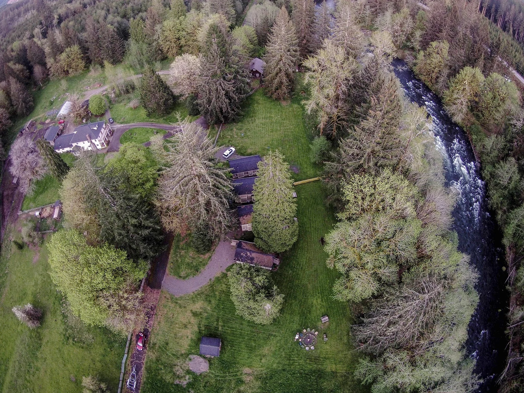 A bird's eye view of the Homestead, Cabins and the Solduc River