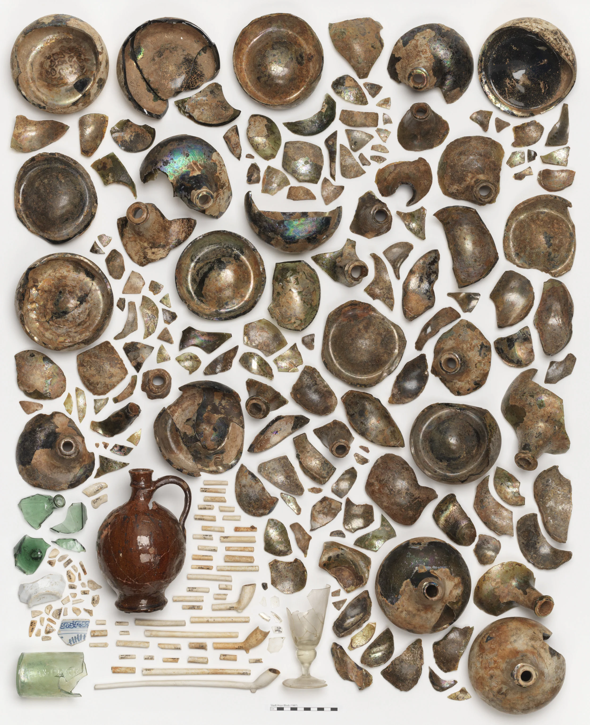 Group photo of artifacts found at Lovelace Tavern.