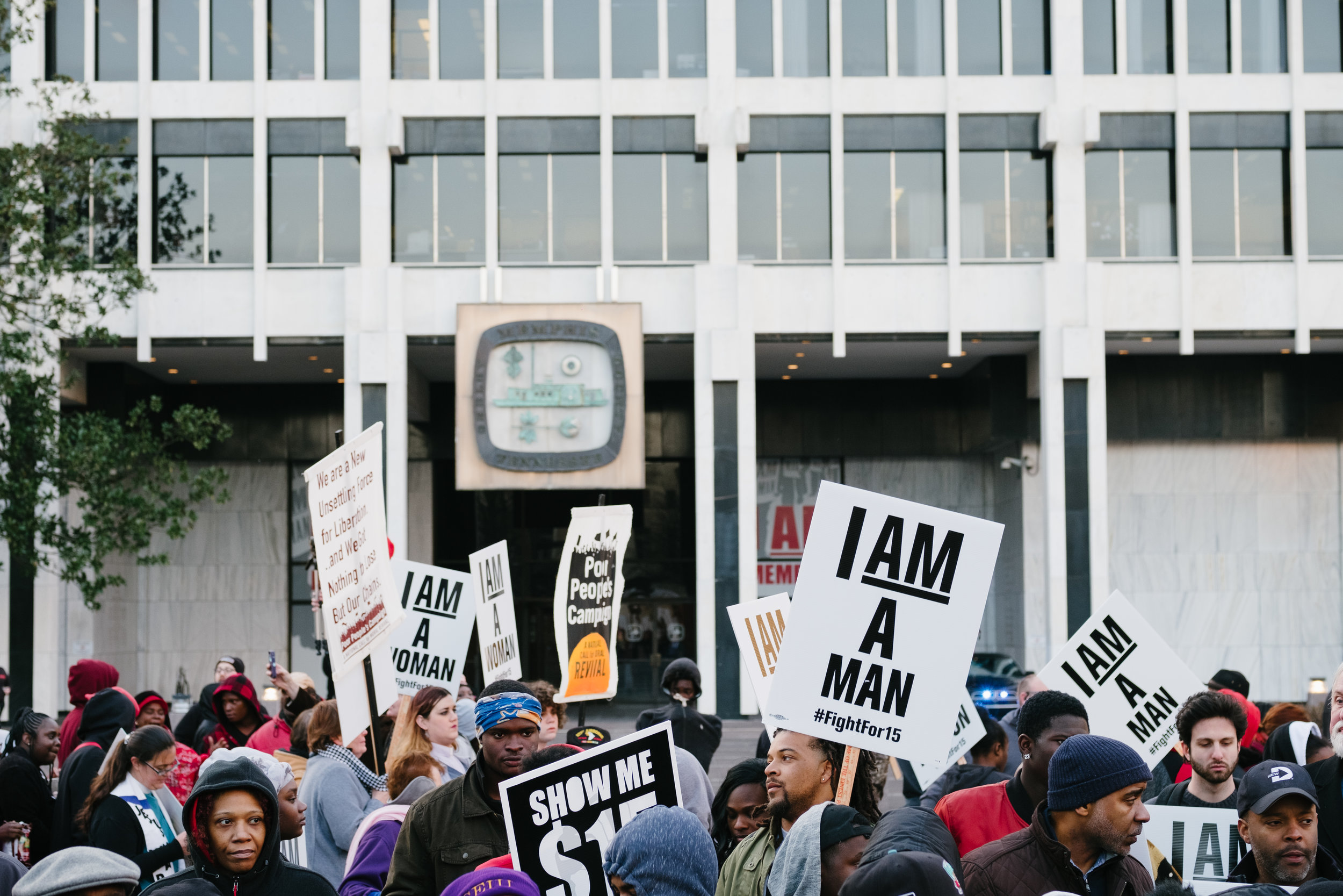  Hundreds gather to commemorate the 50th anniversary of the 1968 Memphis sanitation strike. The march, which was organized by Fight for $15 and the Poor People’s Campaign, began at Clayborne Temple and ended in front of City Hall. February 12, 2018. 