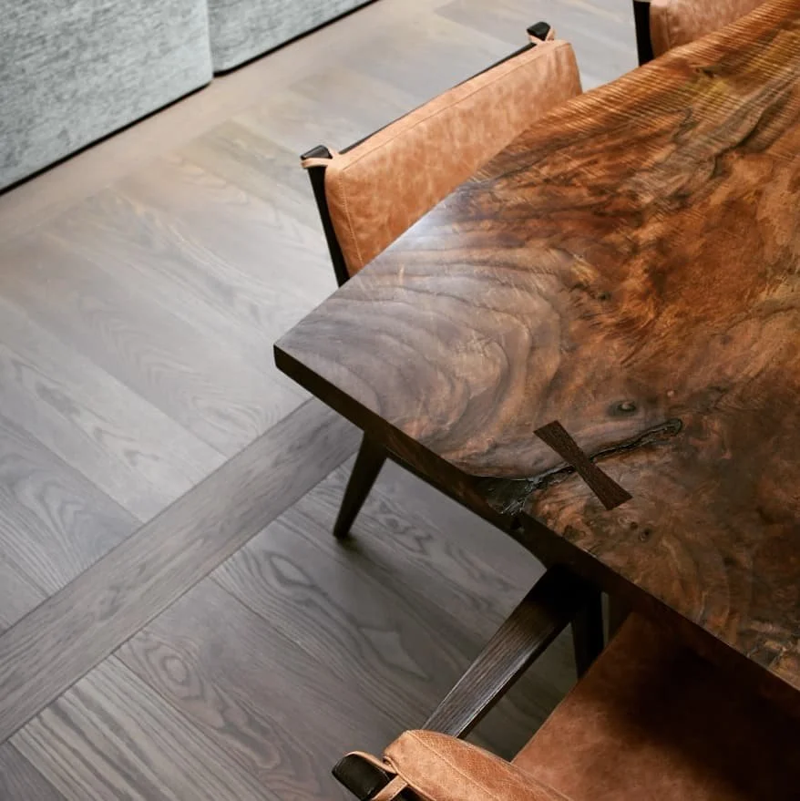 Walnut slab dining table corner