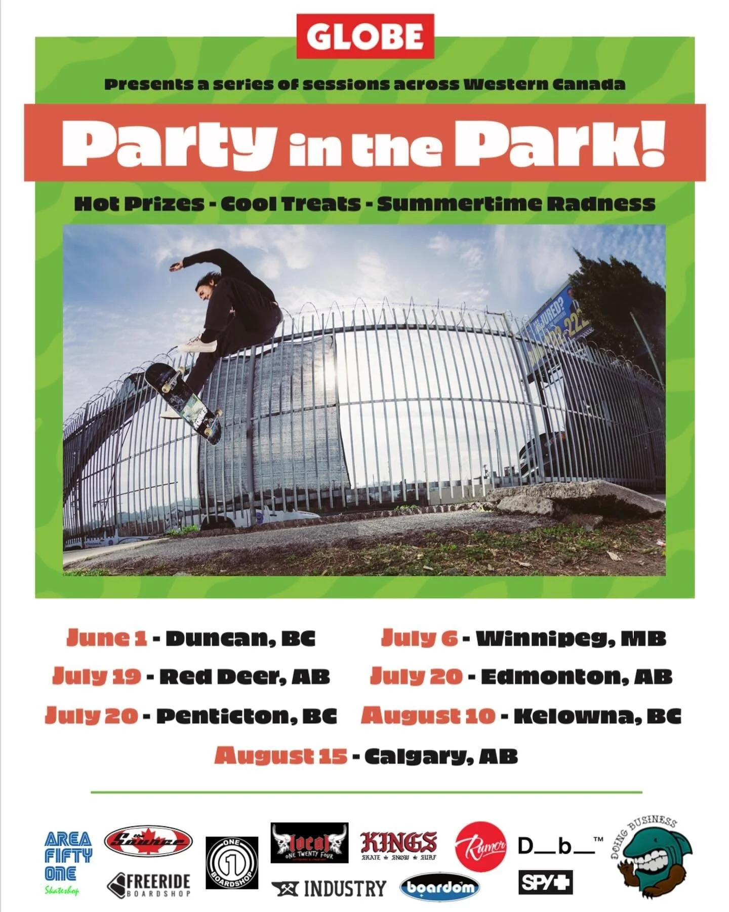 This summer we&rsquo;re gonna be travelling across Western Canada and hosting a Party in the Park series in 7 different towns! We&rsquo;ve partnered with some of the best skate shops out there and are excited to hit the park with you soon! 

We&rsquo