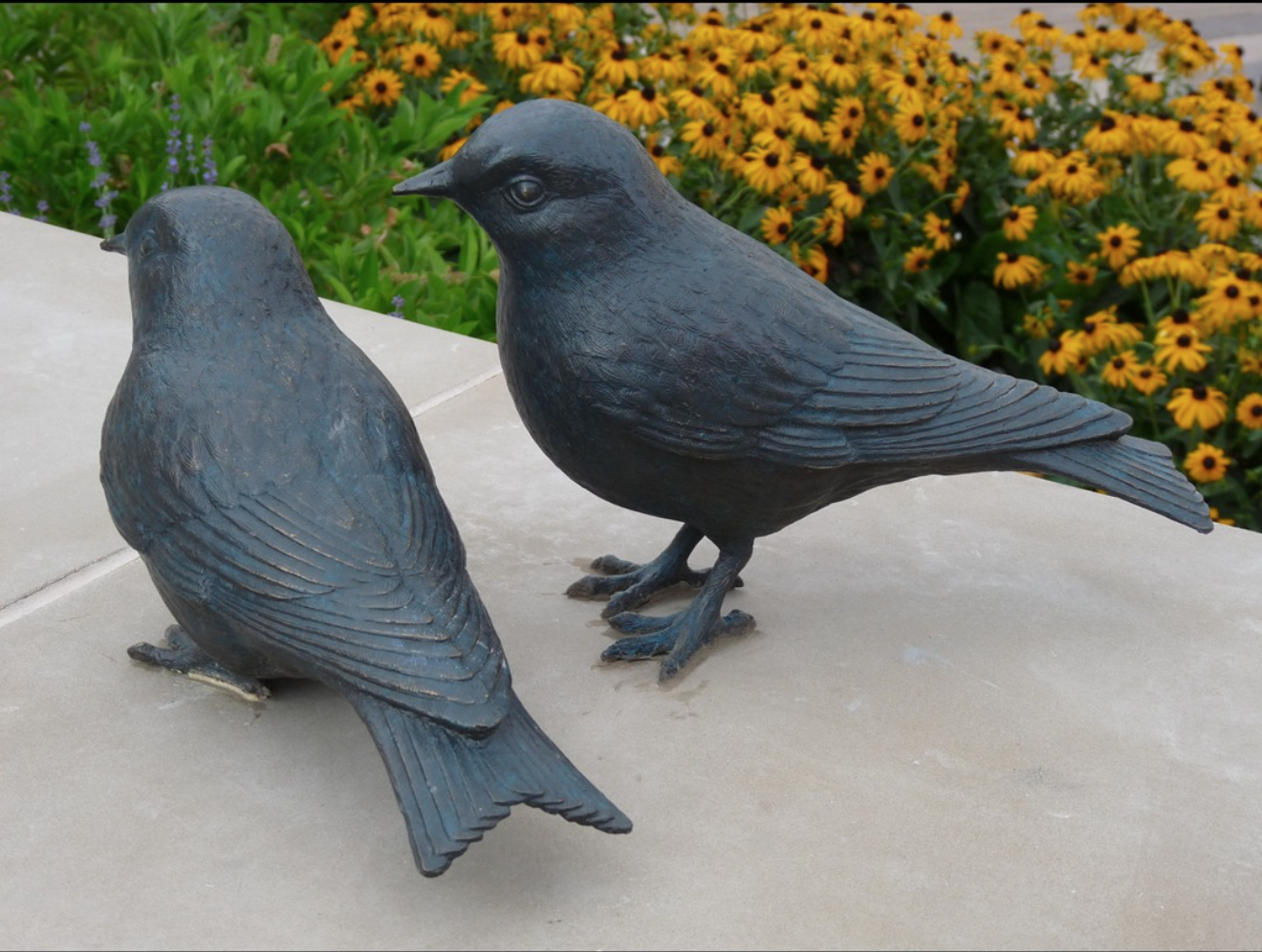 MGA Sculpture Studio, Mark Aeling, Mountain Blue Birds . These sculptures represent the state bird of Nevada and are placed in a plaza so that they can be engaged with by the public. MATERIALS: Bronze DIMENSIONS: .3 Ft. W X .5 Ft. H X 1 Ft. Deep