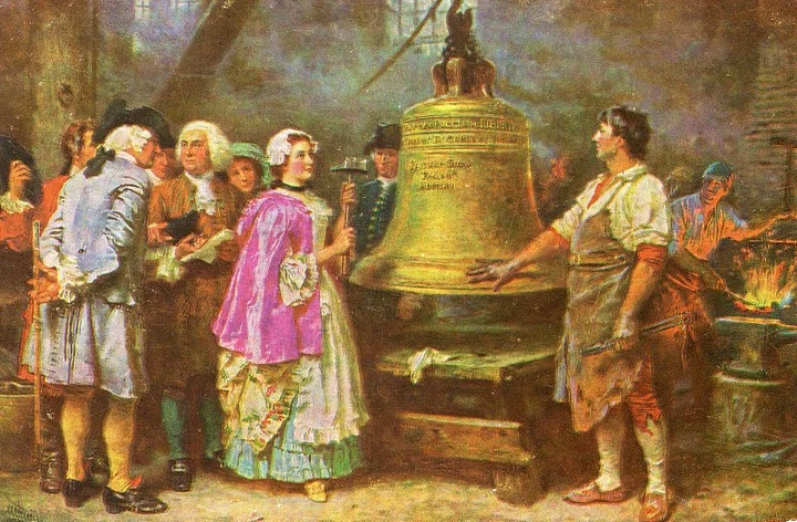 Reproduction of historical painting "The Bell's First Note" by Jean Leon Gerome Ferris, September 30, 1913. Photo: PD-1923 public domain