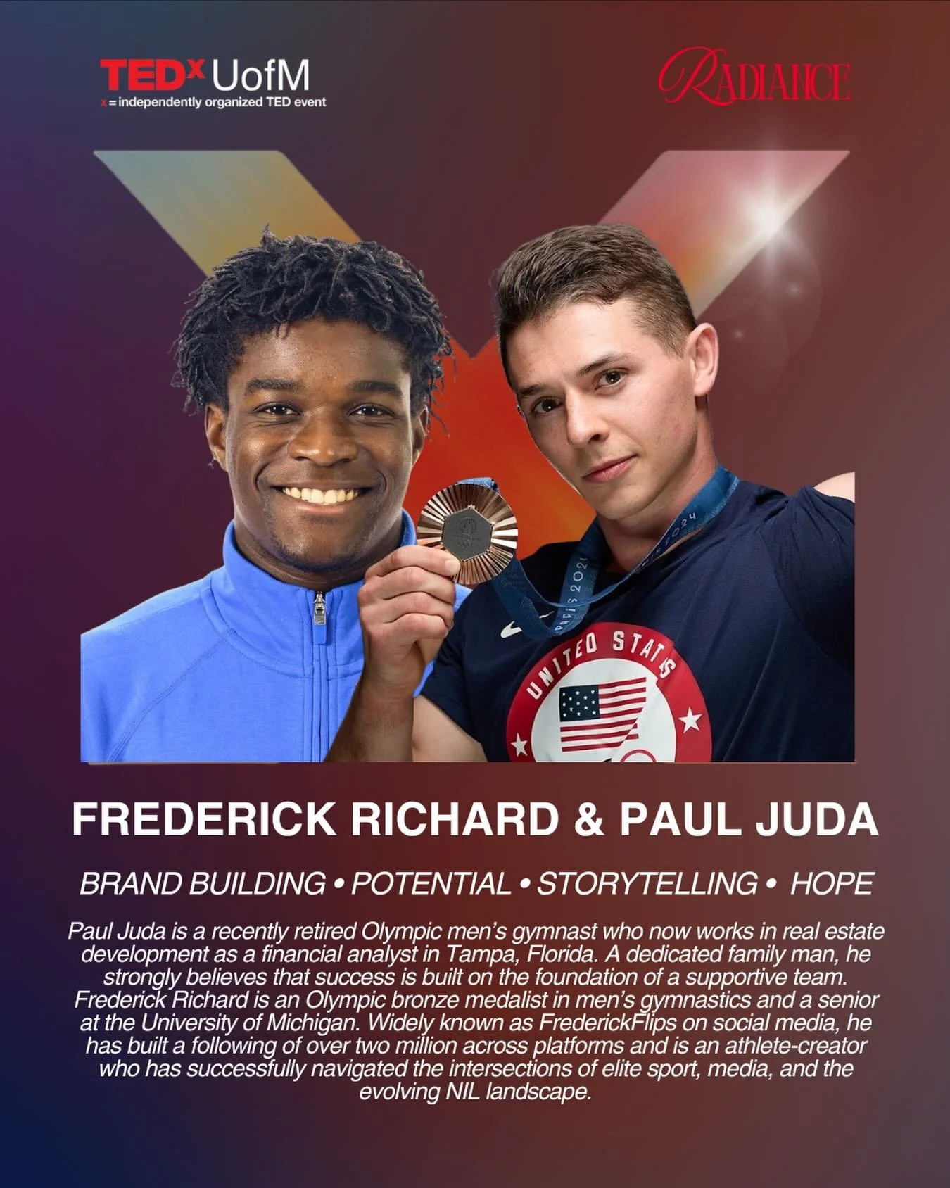 Hear from the UofM gymnastic powerhouses, 𝑭𝑹𝑬𝑫𝑬𝑹𝑰𝑪𝑲 𝑹𝑰𝑪𝑯𝑨𝑹𝑫 and 𝑷𝑨𝑼𝑳 𝑱𝑼𝑫𝑨 at the 2026 TEDxUofM conference! Paul Juda is a recently retired Olympic men&rsquo;s gymnast who now works in real estate development as a financial ana