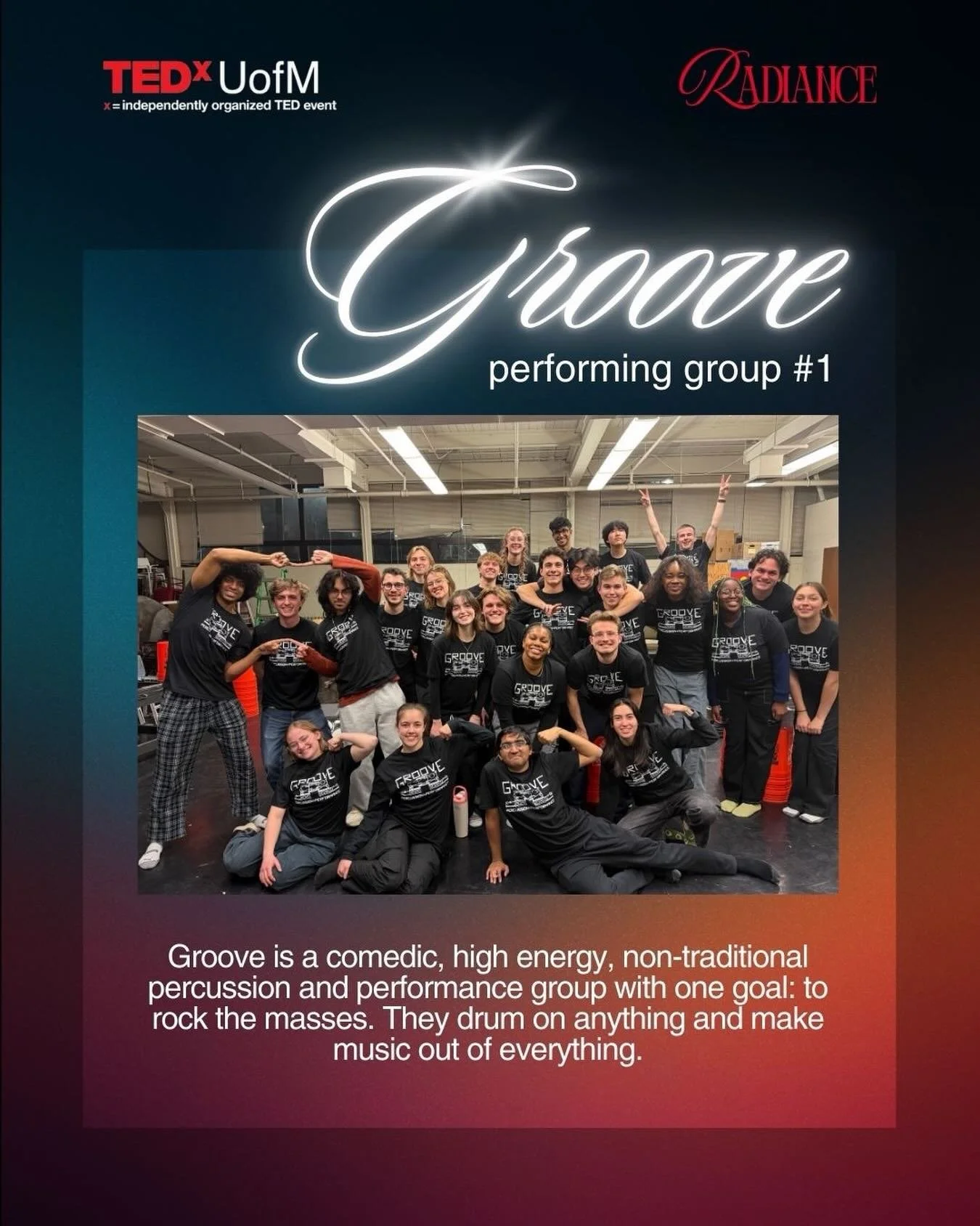 Performing Group Reveal #1: 𝑮𝑹𝑶𝑶𝑽𝑬

Get ready to feel it in your chest &mdash; Groove is taking the TEDxUofM stage.

A comedic, high-energy, non-traditional percussion group with one goal: to rock the masses. They drum on anything and make musi