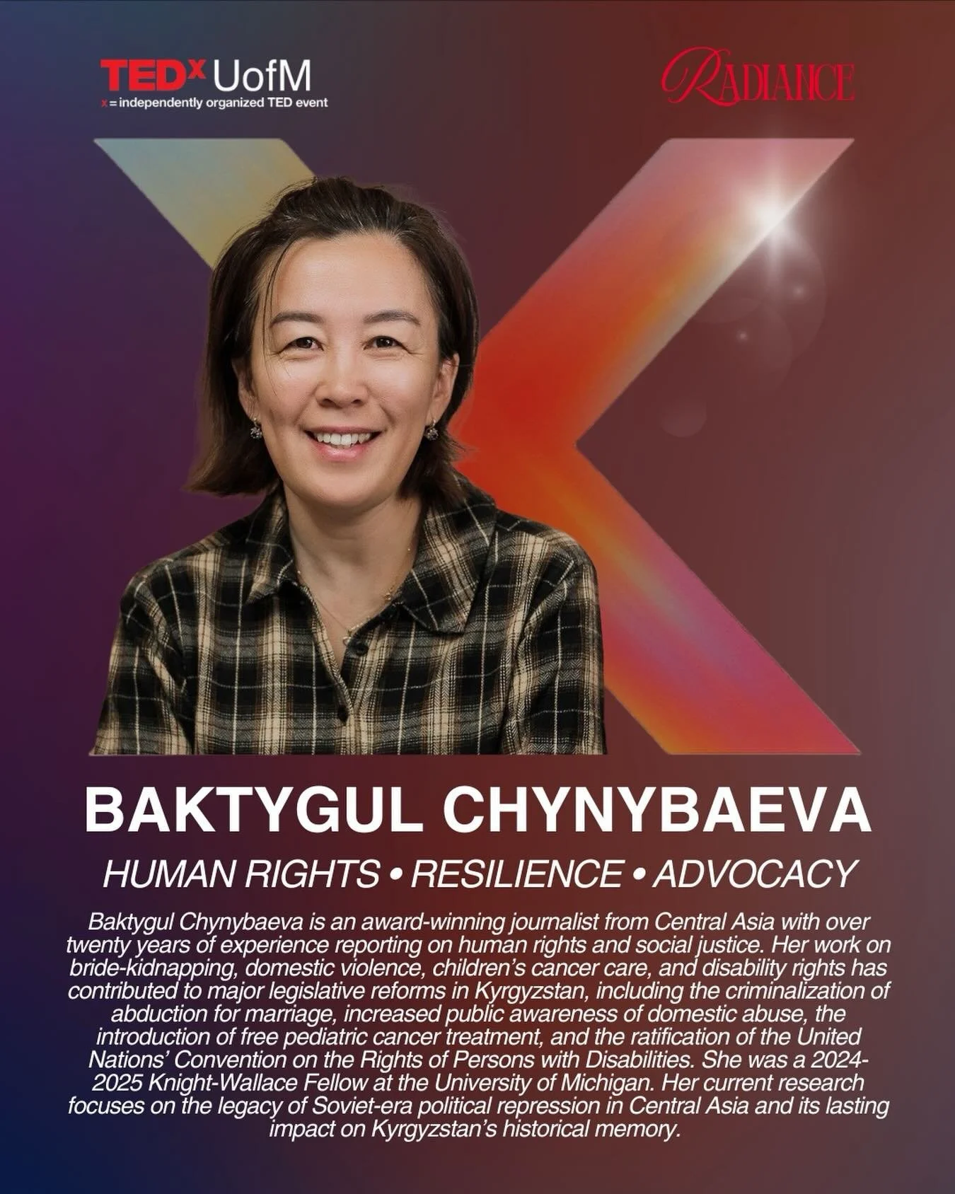 Next in our lineup, we&rsquo;re proud to introduce 𝑩𝑨𝑲𝑻𝒀𝑮𝑼𝑳 𝑪𝑯𝒀𝑵𝒀𝑩𝑨𝑬𝑽𝑨, whose reporting has shaped both public dialogue and public policy. Baktygul Chynybaeva is an award-winning journalist from Central Asia with over twenty years o