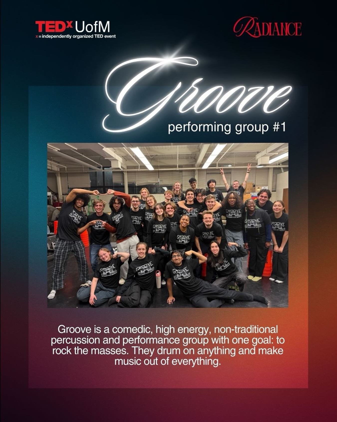 Performing Group Reveal #1: 𝑮𝑹𝑶𝑶𝑽𝑬

Get ready to feel it in your chest &mdash; Groove is taking the TEDxUofM stage.

A comedic, high-energy, non-traditional percussion group with one goal: to rock the masses. They drum on anything and make musi