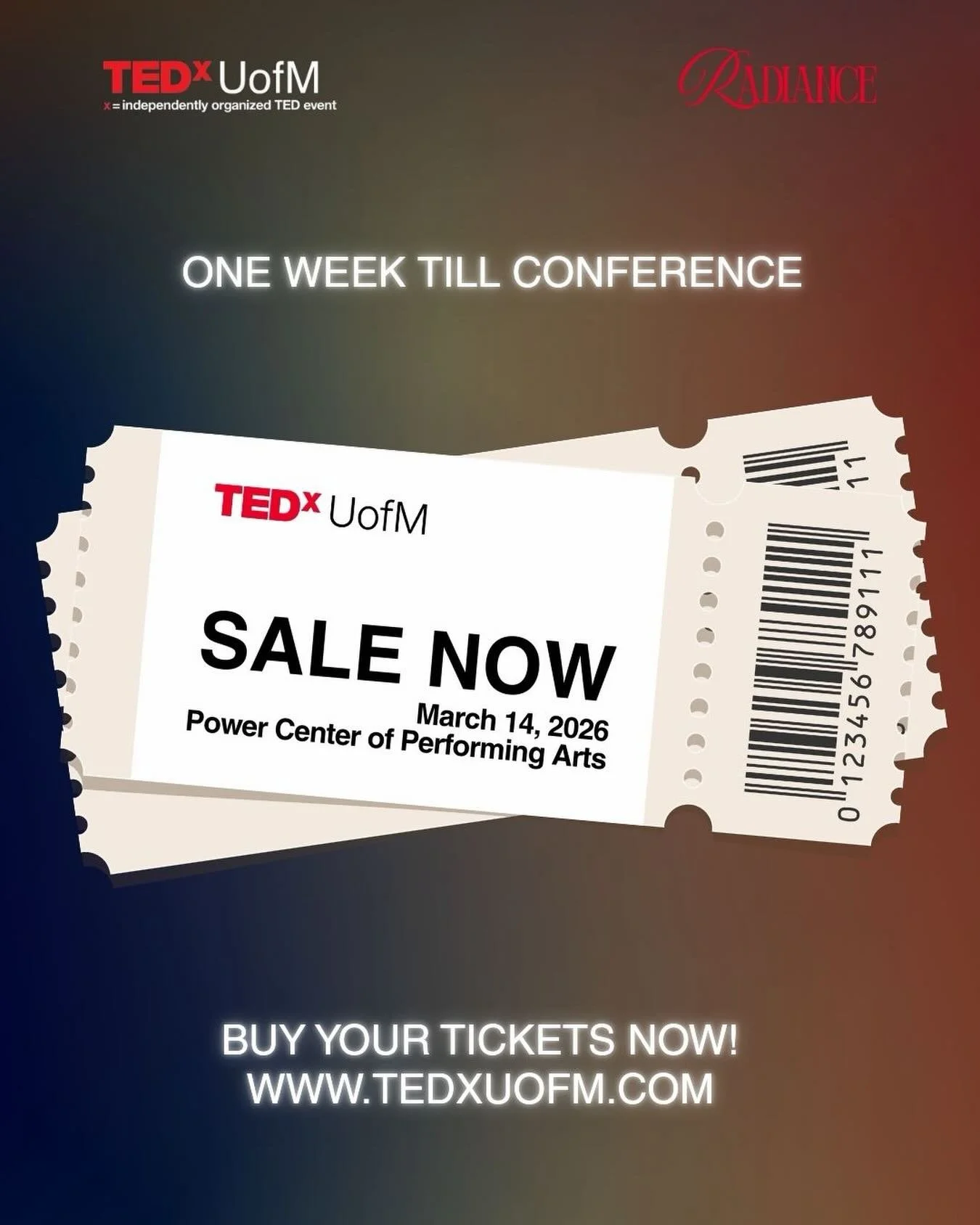 ⏳ One week until TEDxUofM 2026: Radiance.

Tickets are on sale now&mdash;secure yours before they sell out.

Link in bio or tedxuofm.com

#tedx #tedxuofm #annarbormichigan #uofmicigan