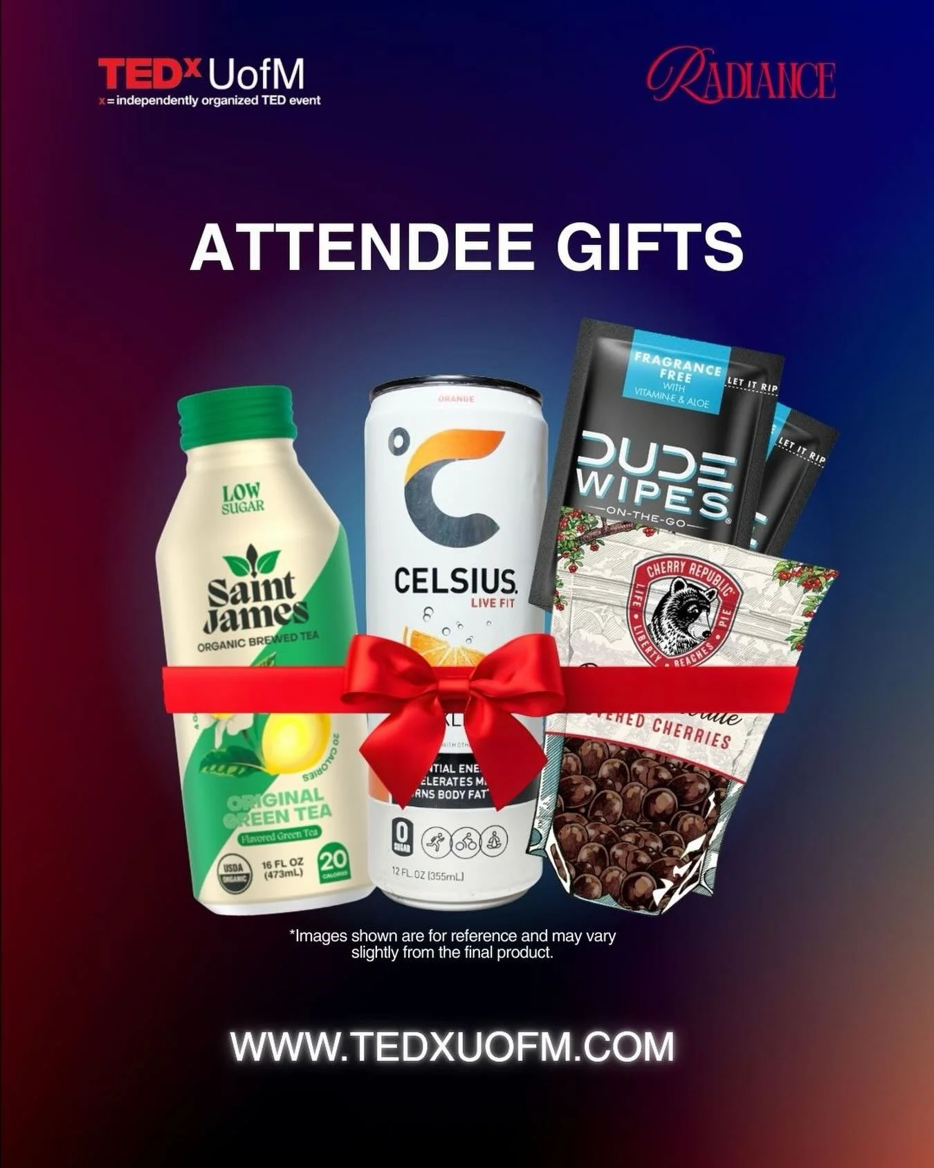 Coming to TEDxUofM 2026: Radiance? You might leave with more than just new ideas. ✨

Thanks to our partners, attendees will receive curated gifts to keep you energized and ready for an afternoon of inspiring talks!

March 14 &bull; 3&ndash;6 PM
Power