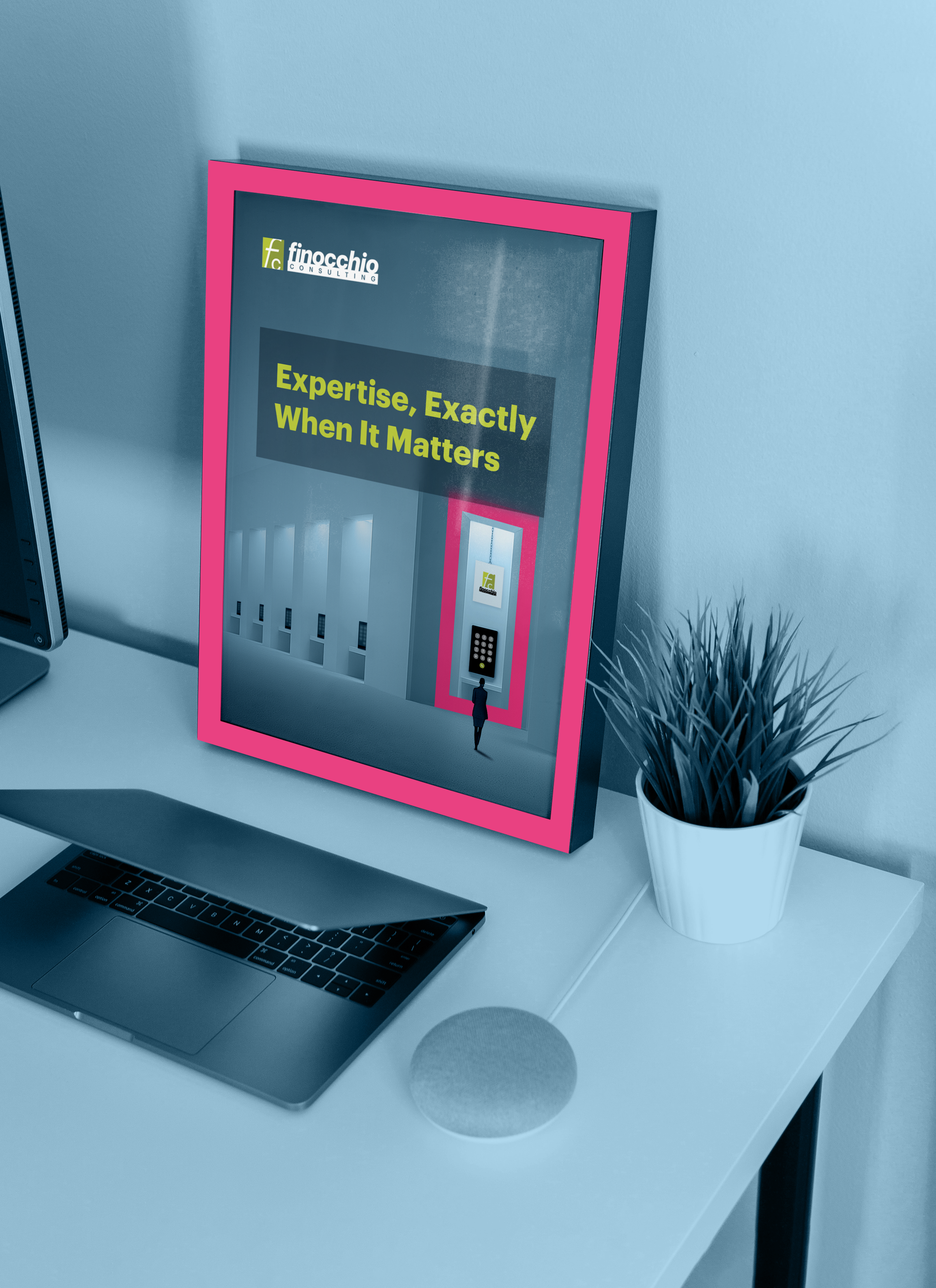 Mock up of a poster showing an AI image with headline and logo
