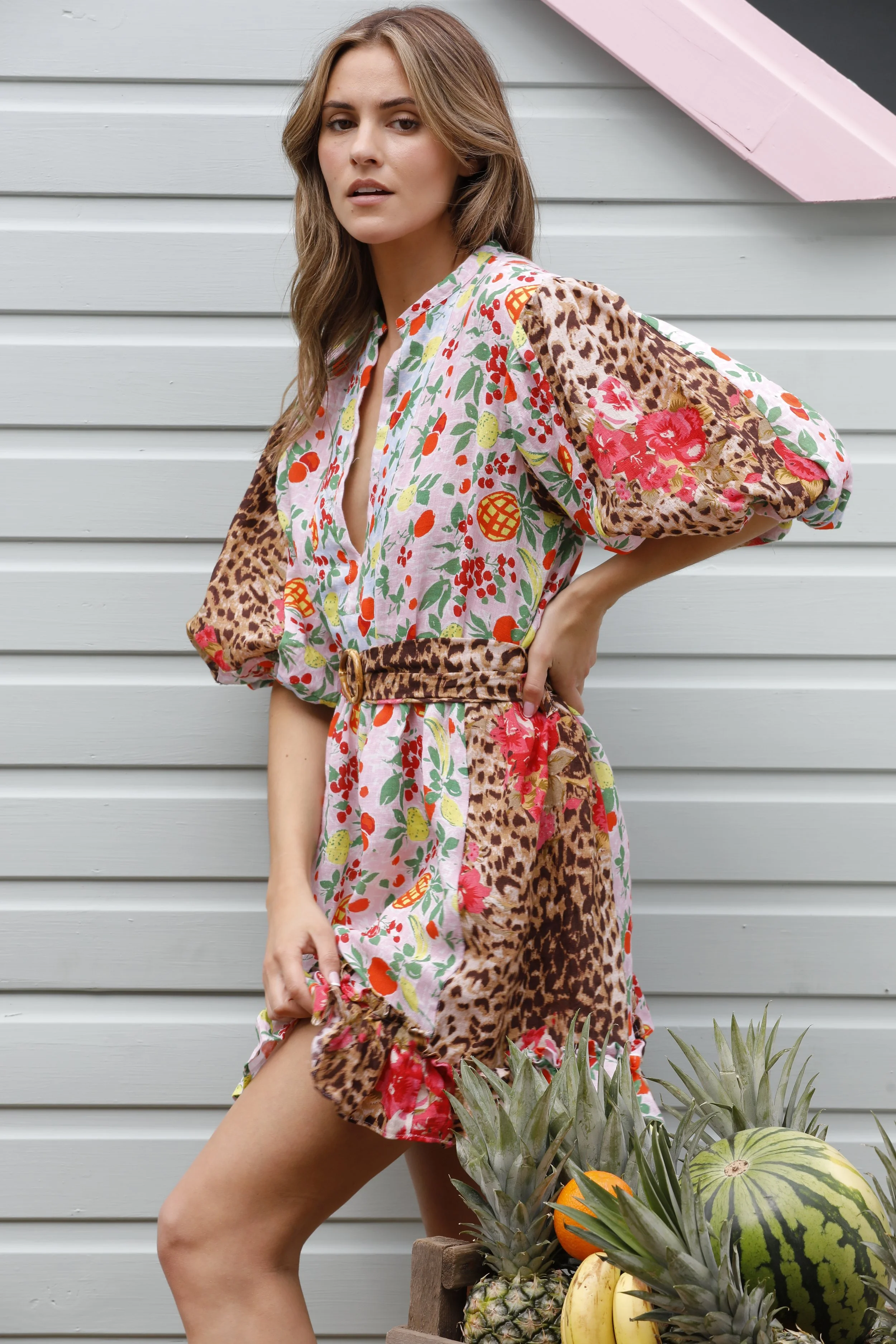 Tropical Fruit Print Kaftan Mini Dress 