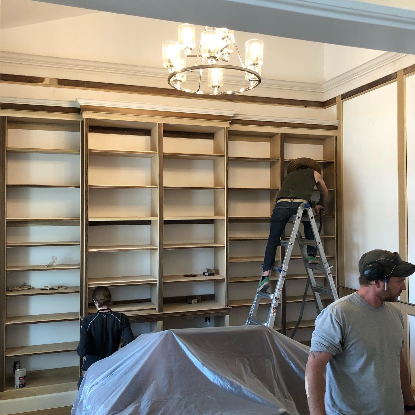 What to do with a 10&rsquo; tall blank wall? How about some built-in library shelves? Stay tuned for updates on this remodel! #homeremodeling #remodelingideas #shelvesfordays