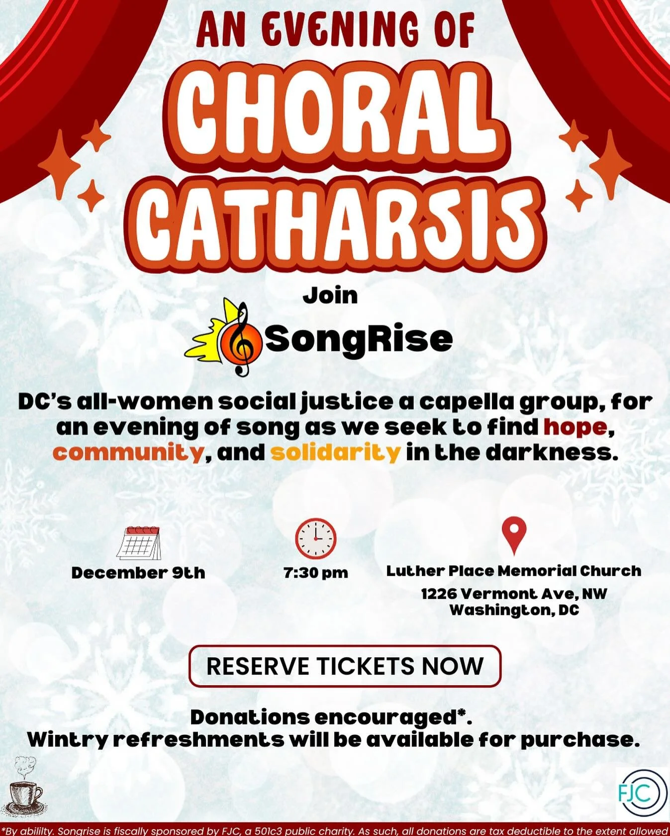 SongRise is having a winter concert on December 9th! Please join SongRise for &ldquo;An Evening of Choral Catharsis,&rdquo; where we will sing out our frustrations for the world we&rsquo;re living in, and hope for a better one to come. Reserve your t
