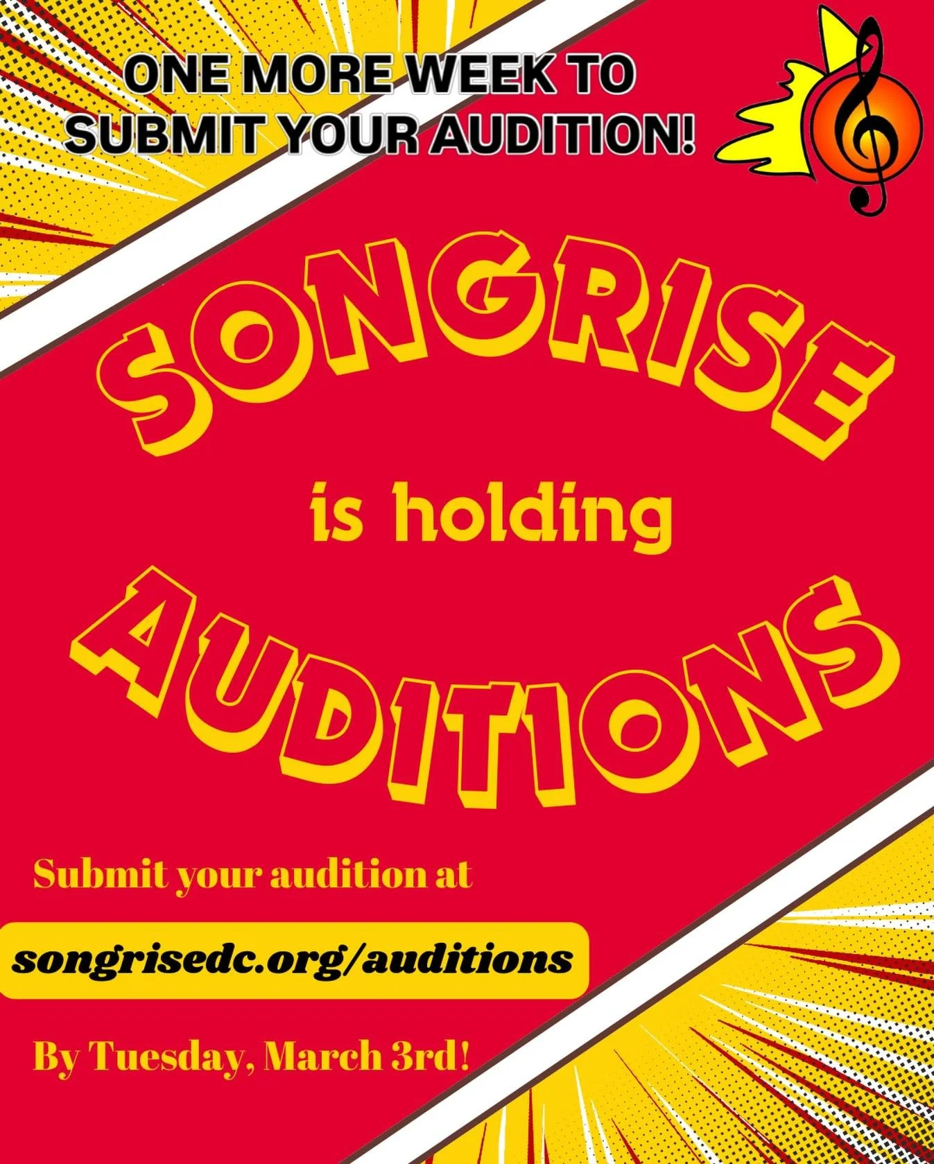 ONE MORE WEEK TO SUBMIT YOUR AUDITIONS!! 

SongRise is a DC-based all women&rsquo;s social justice A Cappella group that inspires action through song&mdash; and we are holding 2026 auditions for new members! Membership is open to (cis and trans) wome