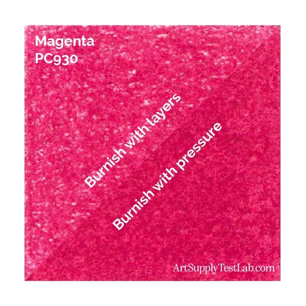 Compare the burnish of Magenta 930 when done by many light layers versus a single heavy pressure layer.