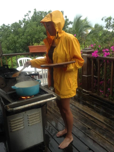 Cooking in pouring rain & lightening storm. Happy camper? Not so much...