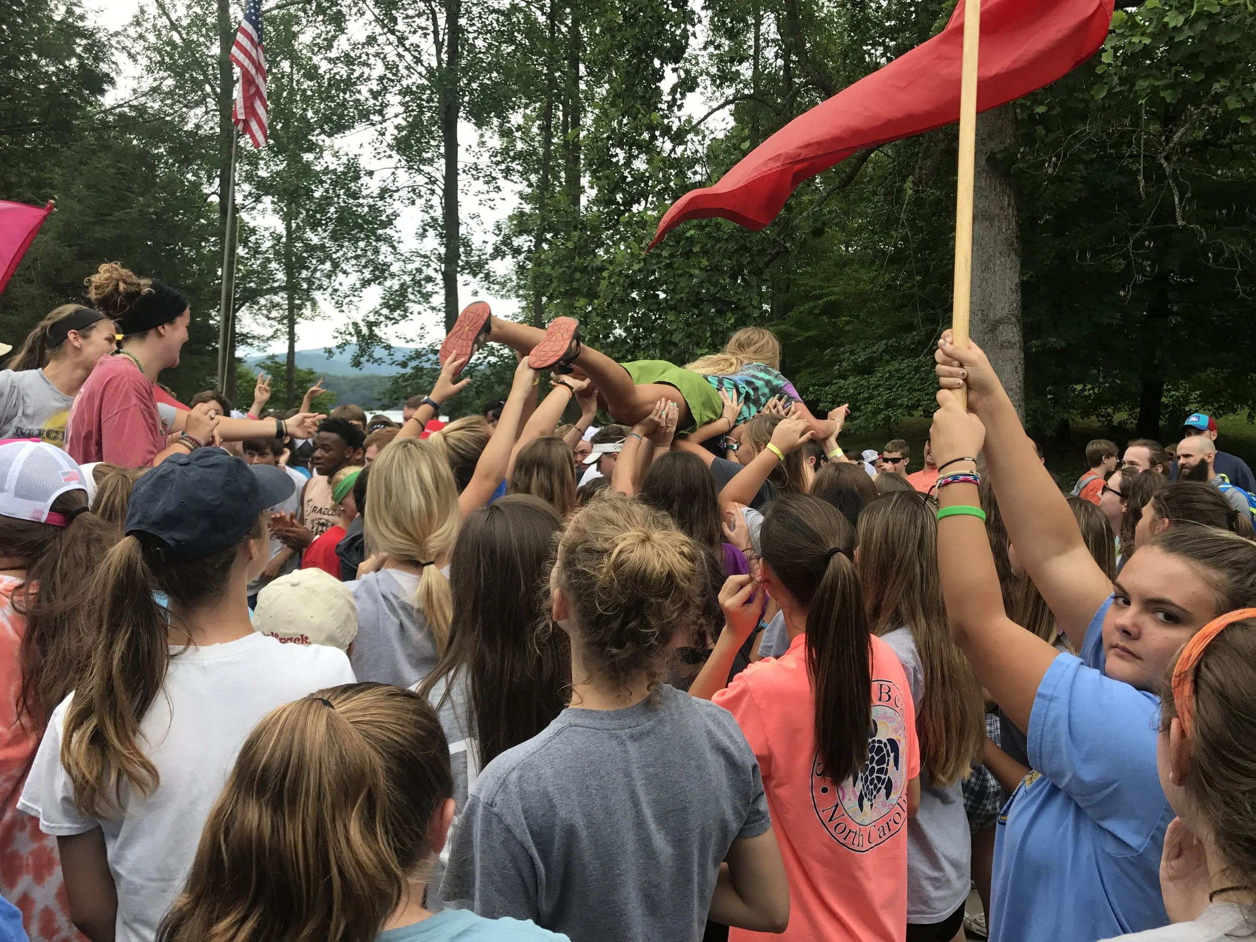 My girlfriend crowd surfing while the students get hype before they go to recs. She is the best. Also, it looks like one of the students didn't like me too well! Ha! 