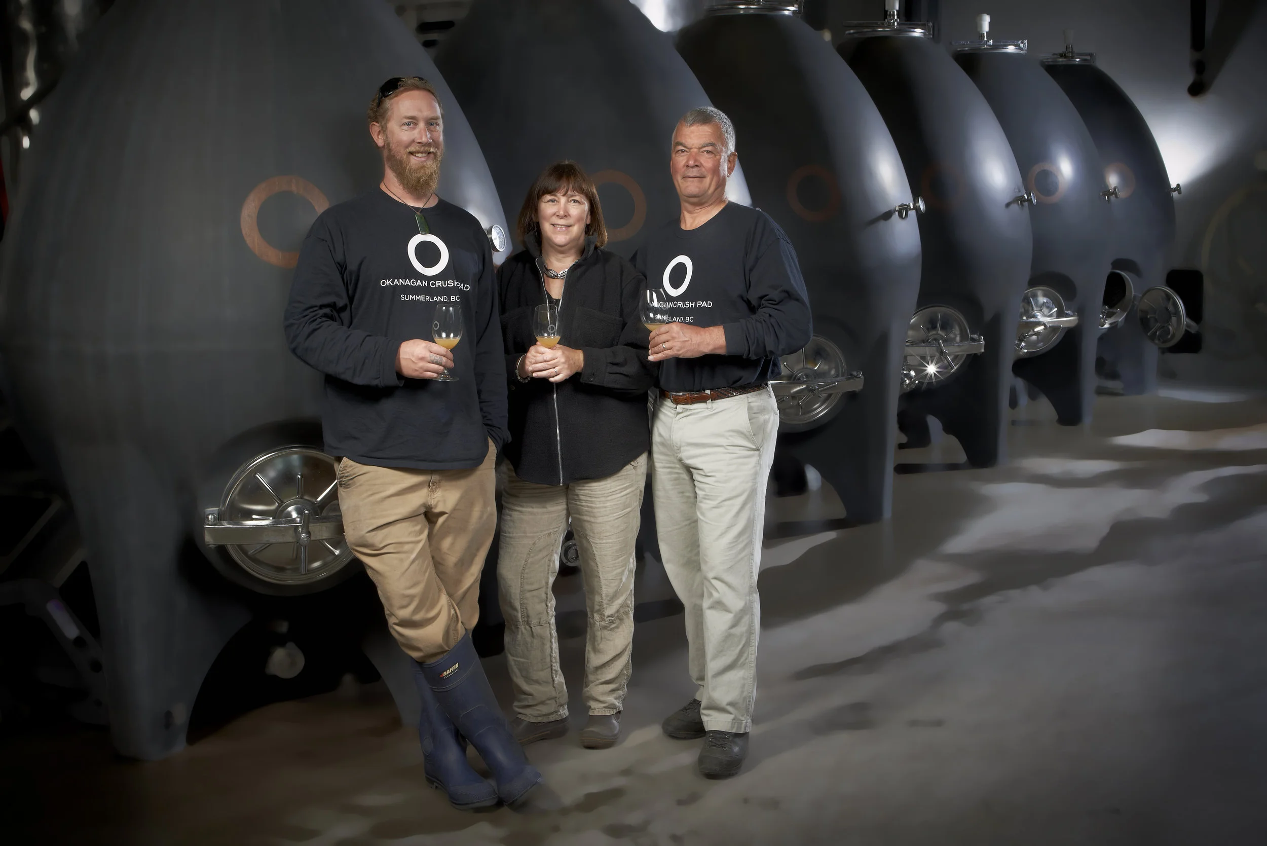 L-R: Okanagan Crush Pad chief winemaker Matt Dumayne, owners Christine Coletta and Steve Lornie Credit: Lionel Trudel