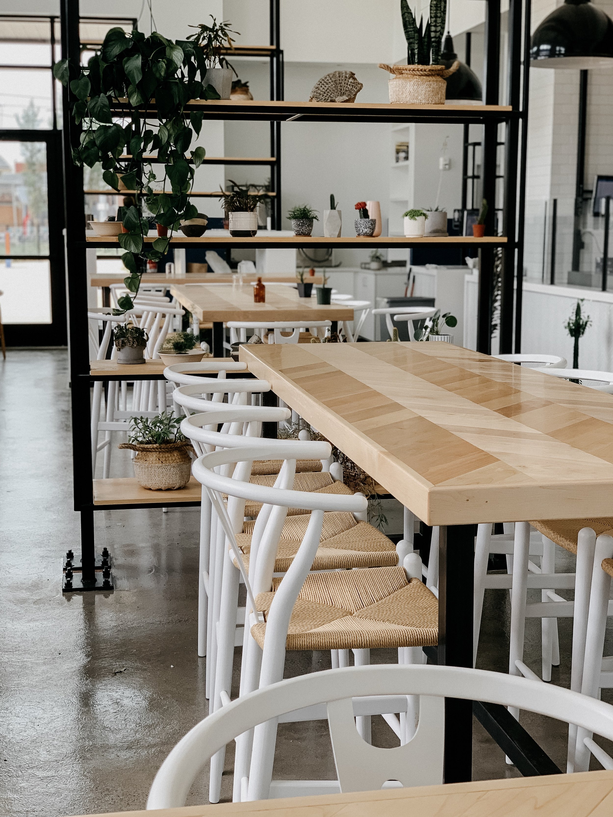 herringbone tables for Eight and Sand local Charlotte restaurant 