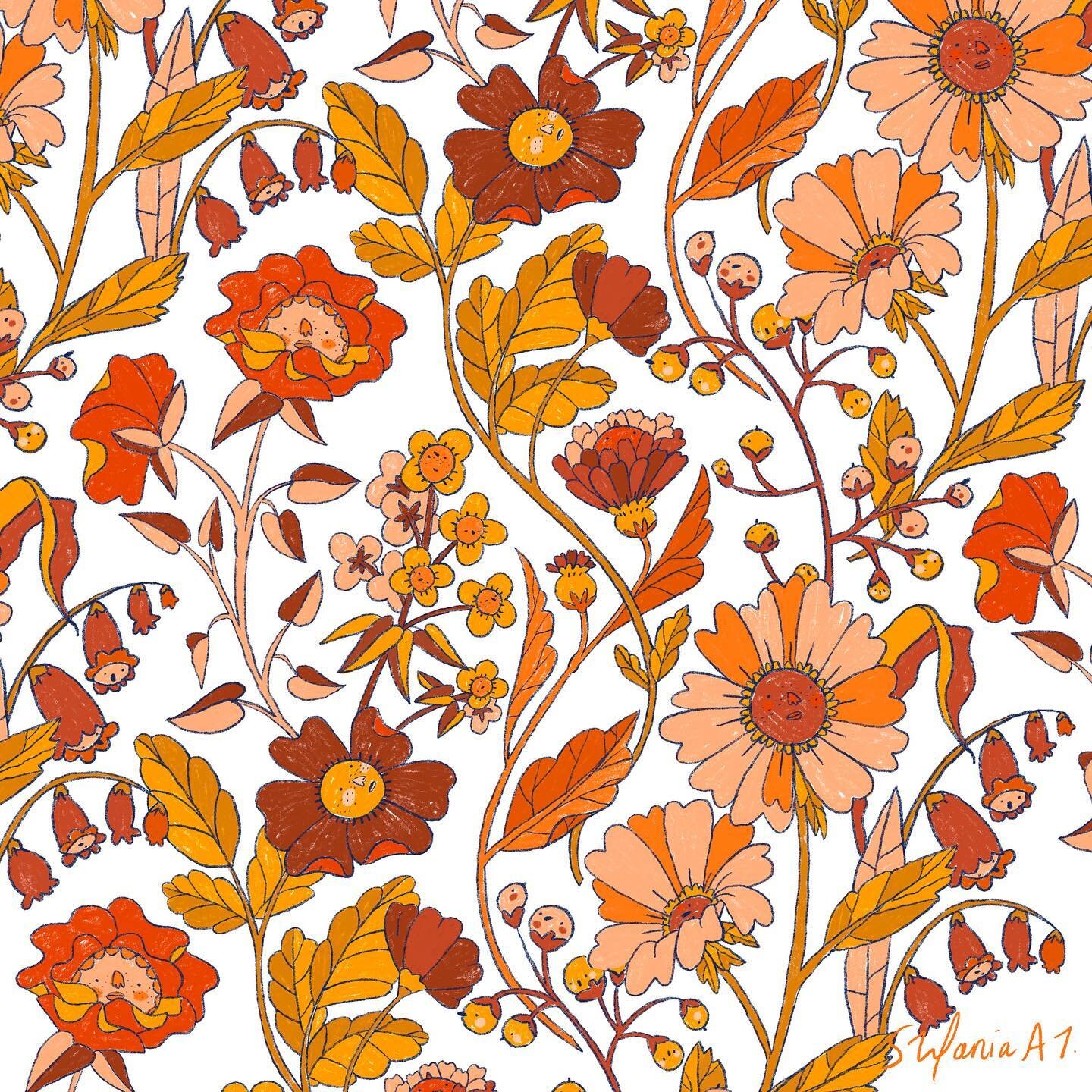 The new pattern I promised. A little floral and &ldquo;autumny&rdquo; to welcome spring (yes I know that&rsquo;s weird). I hope you enjoy. 
.
.
.
.
.
.
.
.
#floral #flowerpeople #autumny #red #pink #yellow #spring #rosycheeks #leaves #pattern #illust