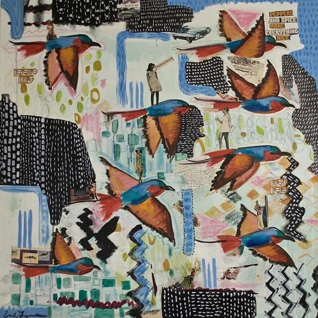 &ldquo;Leisure Living&rdquo; 2020... Mixed Media on canvas. For Sale...... During the beginning of this painting I had Carmine bee eaters on my mind. The previous painting before has one included in it as well. This piece was meant to be an exercise 