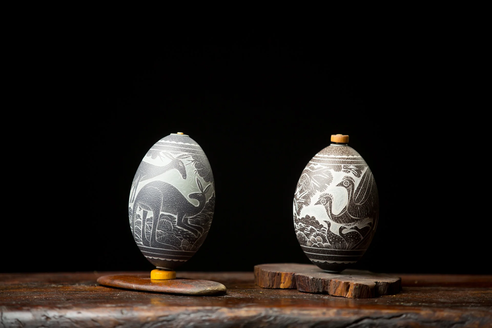 Carved emu eggs