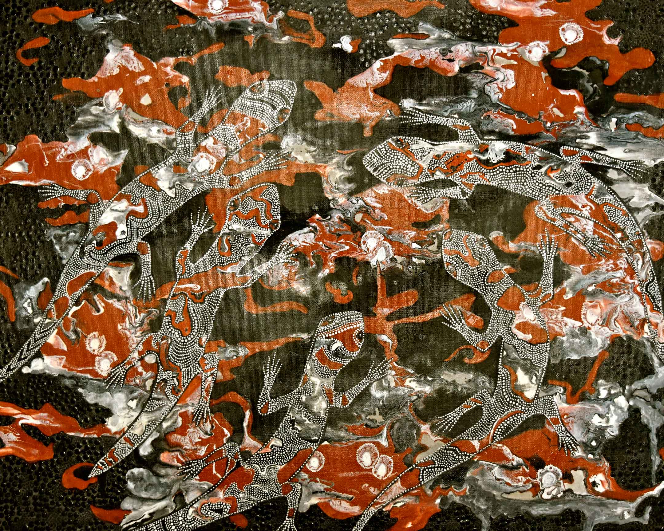 Red Earth Goannas , Lyn Lovegrove Niemz, 2017, 60x50cm, acrylic on canvas. Photo courtesy of the artist