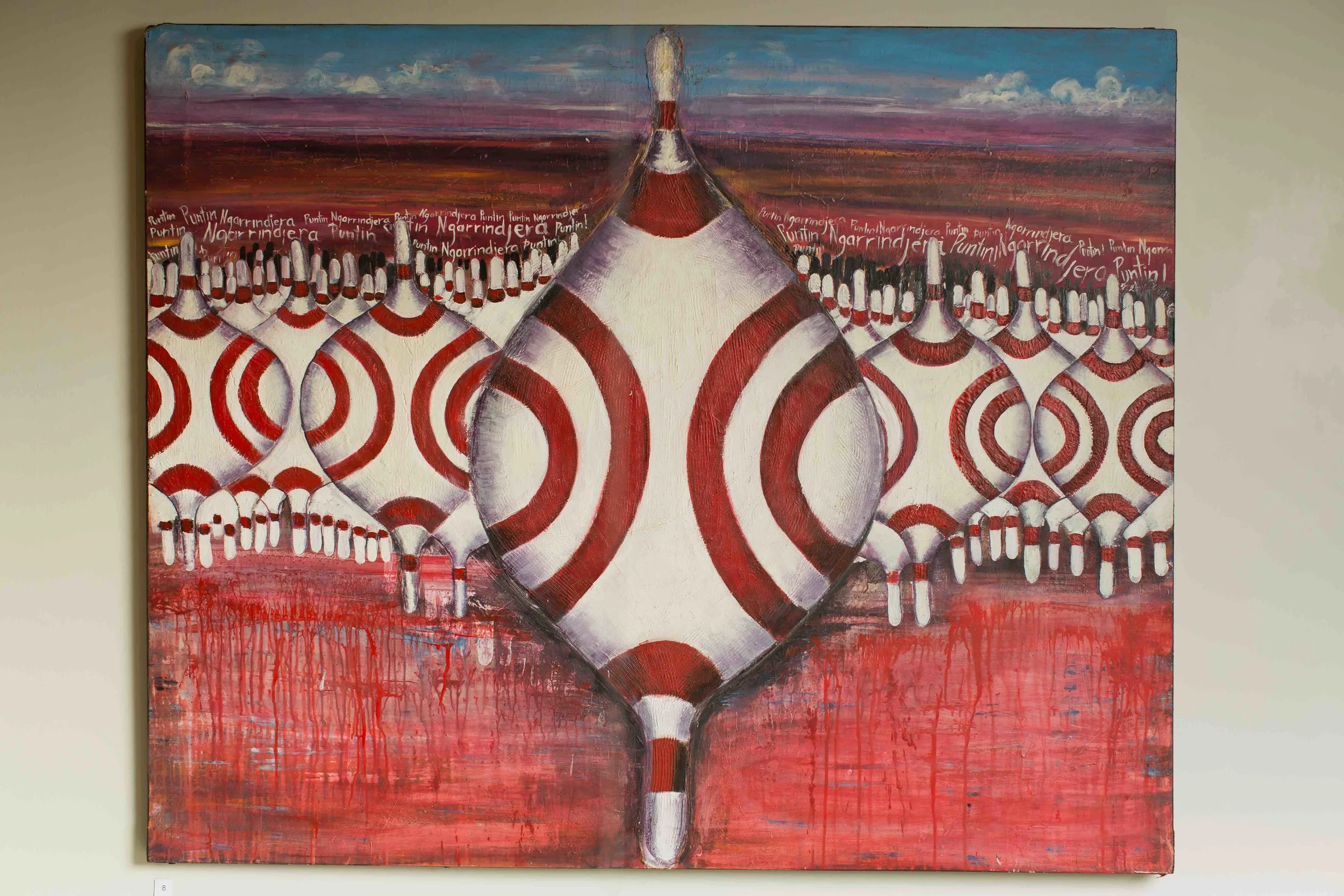 The Protectors , by Betty Sumner, 2006, acrylic on canvas, 180x150cm, at the Murray Bridge Gallery June 2017. Photo Johanis Lyons-Reid