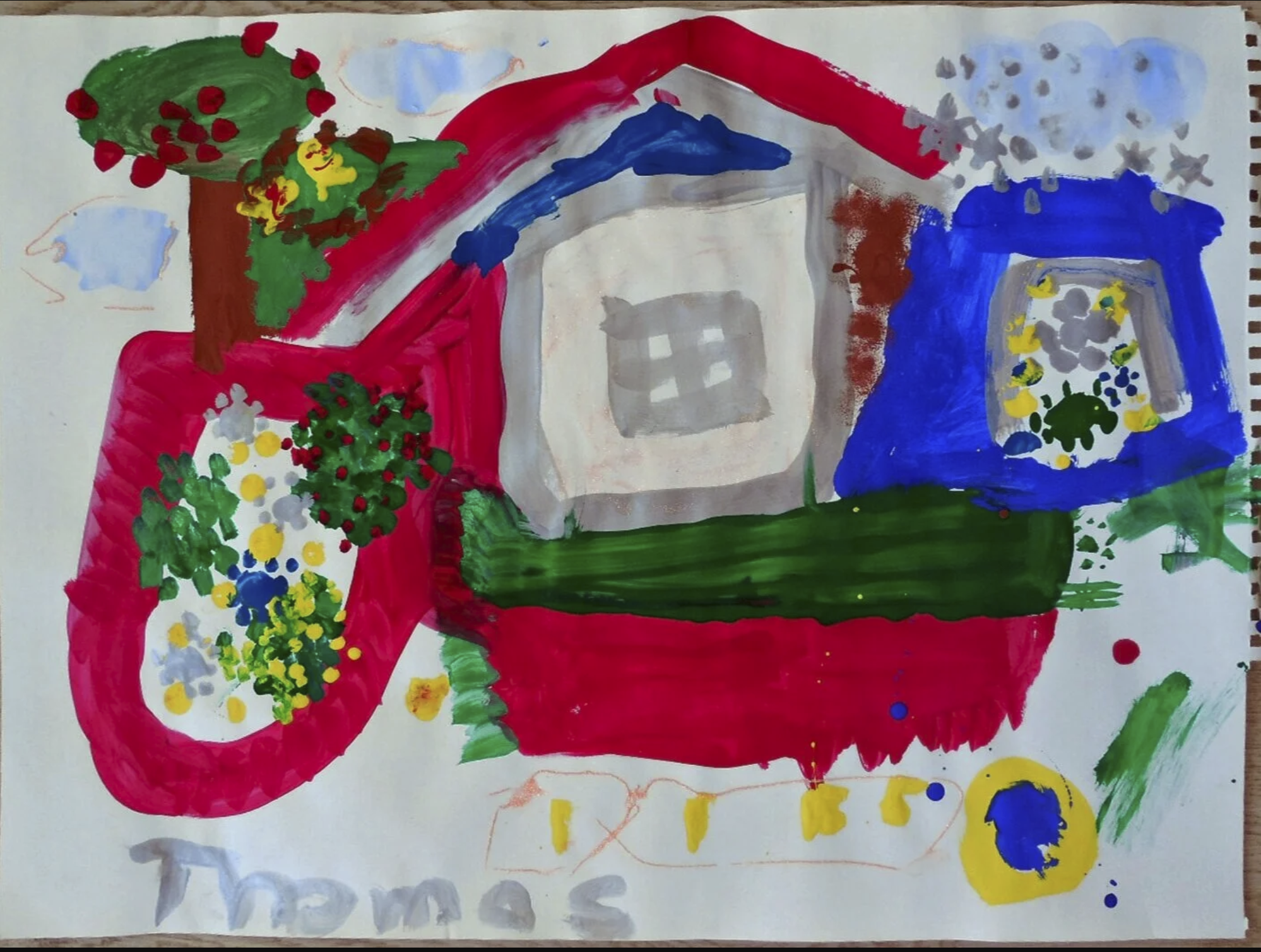 Look at Thomas’s joyful painting — a bright red car zooming through a colorful garden paradise! 🚗🌼🌳