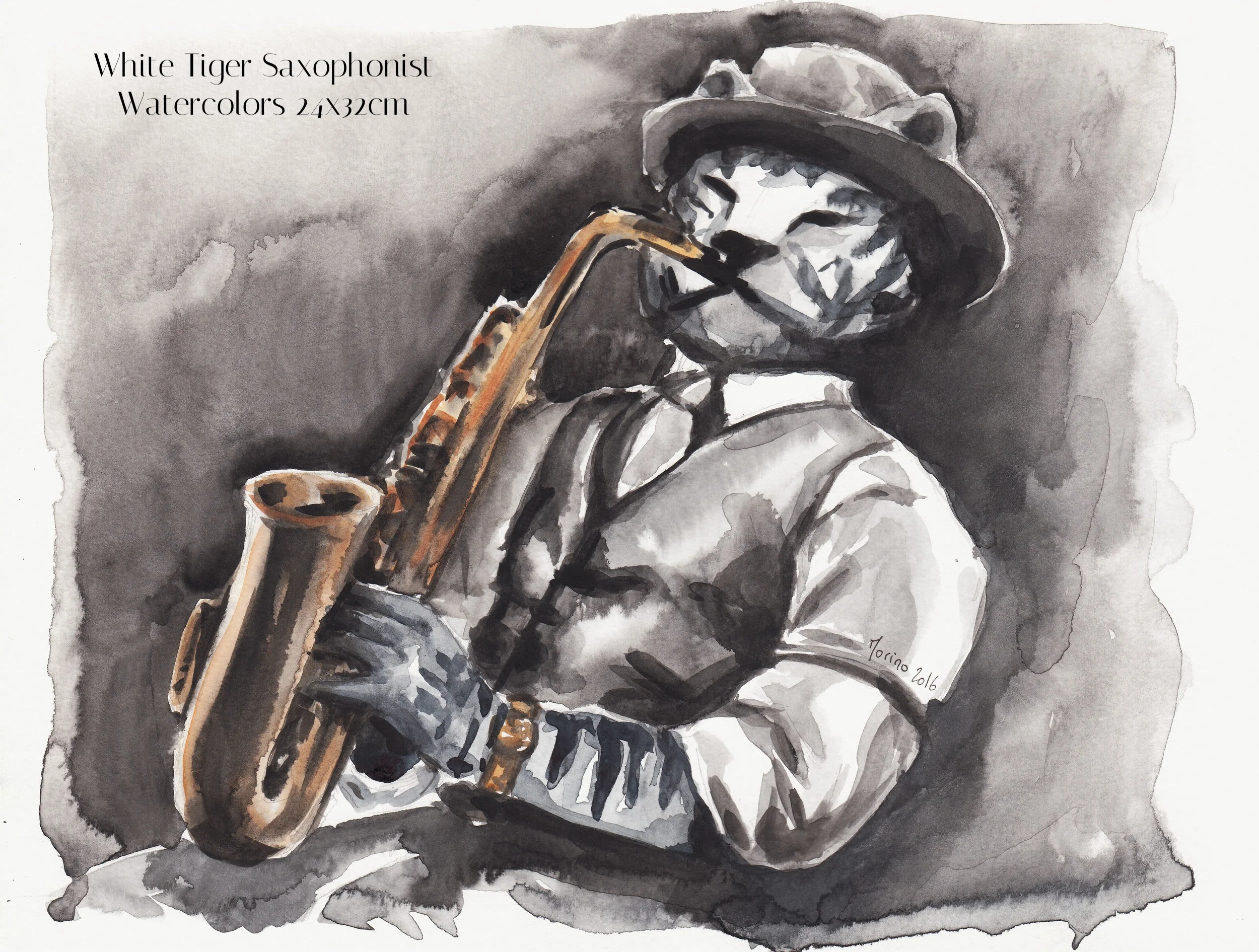 Tiger playing the saxophone