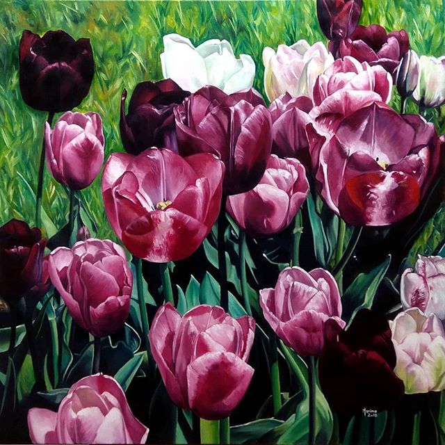 Tulips, acrylics and oil on canvas 100x100cm.
.
Most of my paintings are sprints, this one was a marathon. I originally wanted to paint it with acrylics and a palette knife but soon realised I was getting the results I wanted. So I put it away (as much as is possible for such a giant painting in a small apartment...). I went back to it a few times, always giving up very soon afterwards. Then one day I decided to paint one of the tulips realistically with oil paint. I liked the result, I liked the texture... So I continued, one tulip at a time, for over 2 weeks. .
I NEVER in my life spent so much time on a painting...
.
I got so sick if this painting sometimes. The apartment was very full and I couldn't escape it, it took so much of my space, physically and mentally...
.
It's only when I realized how much other people liked it that I started making my peace with it.
.
#art #artist #painting #oilpainting #realism #realisticpainting #tulips #nature #flowers #oilpaint #reeves #oiloncanvas #artistmentalhealth #instaart #artfido