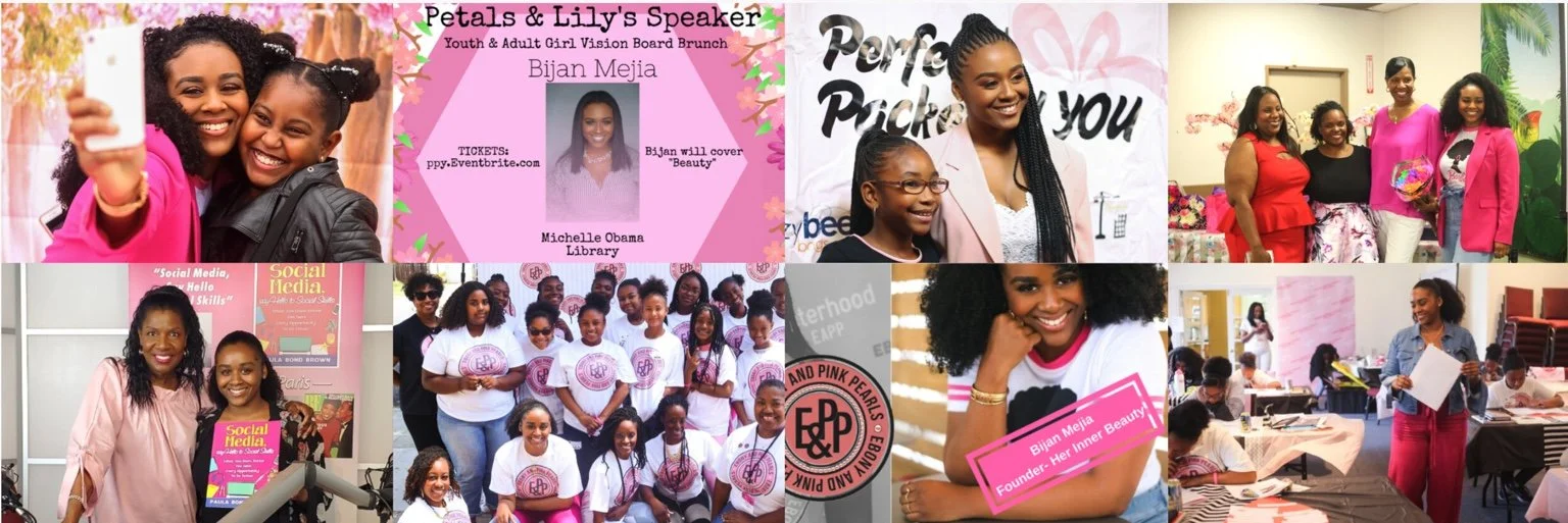 Collage of women and girls at a youth and adult girl vision board brunch event, some taking photos, others posing with flowers, in a classroom setting, group photo of participants, and a flyer for the event featuring a woman and event details.