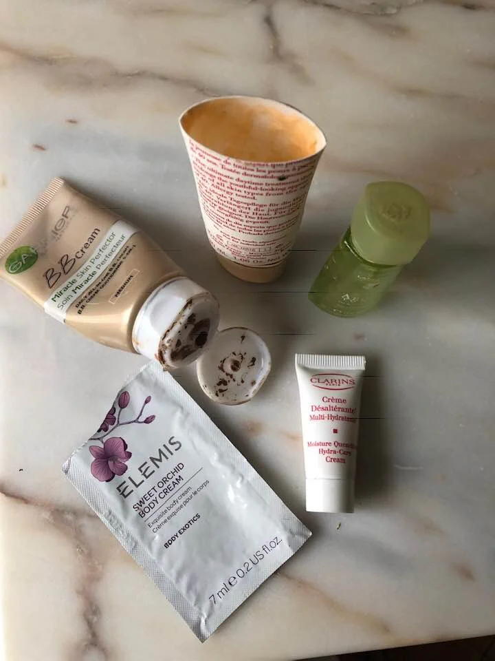 Squeezing out every last drop: Kate Sidley’s bathroom shelf.
