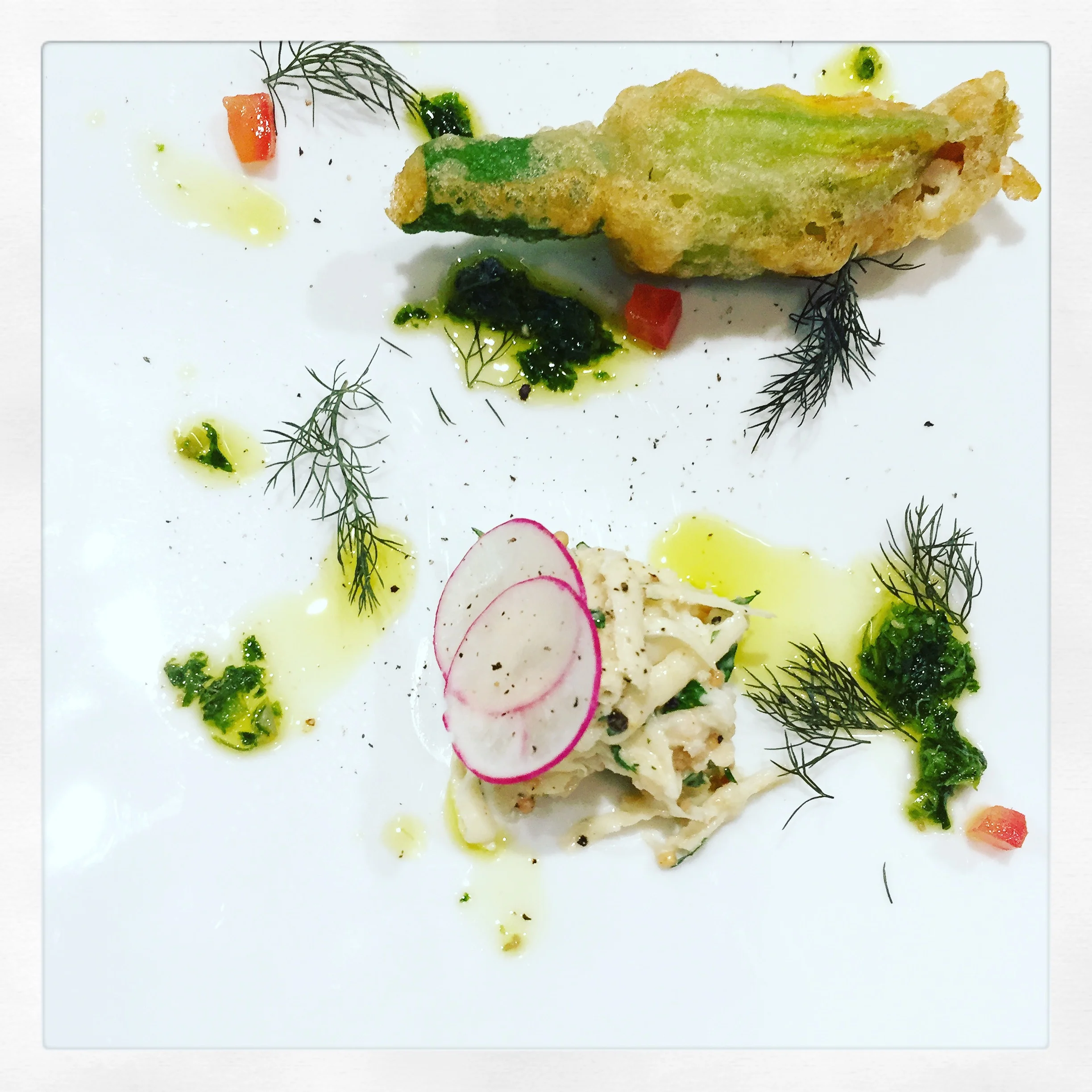 Zucchini flowers with spanner crab and spring salsa